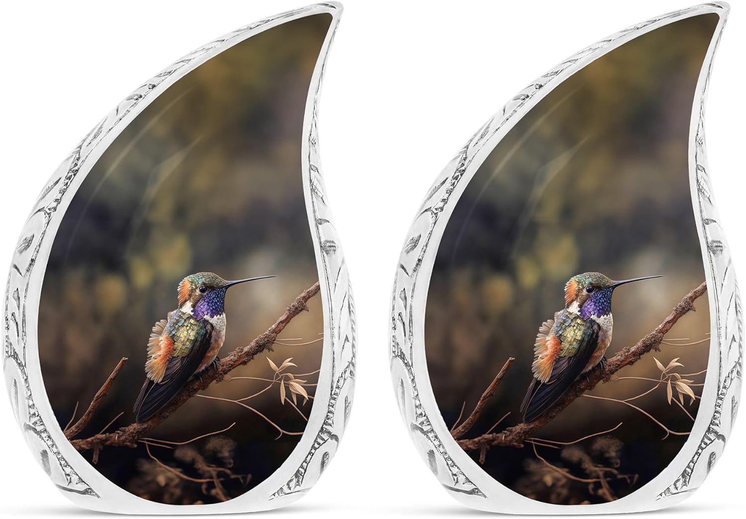 Bird Sits Branch with Leaves - Teardrop Urns for Burial & Cremation - Adult Human Ashes Keepsakes, 3 Inch, 2 Pcs