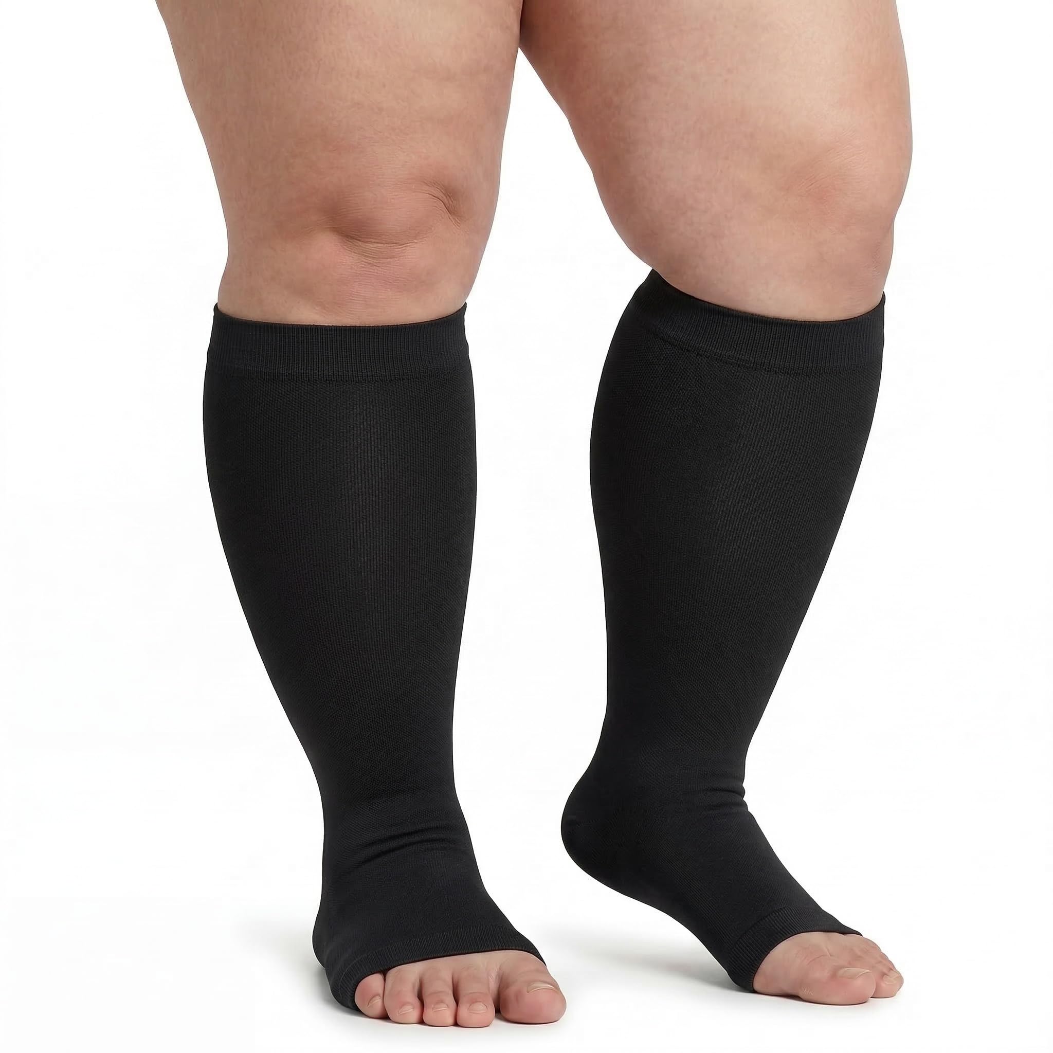 Plus Size 4XL Wide Calf Compression Socks 20-30 mmHg for Men Women - Medical Grade Knee High Open Toe Stockings Support for DVT, Varicose Veins, Edema