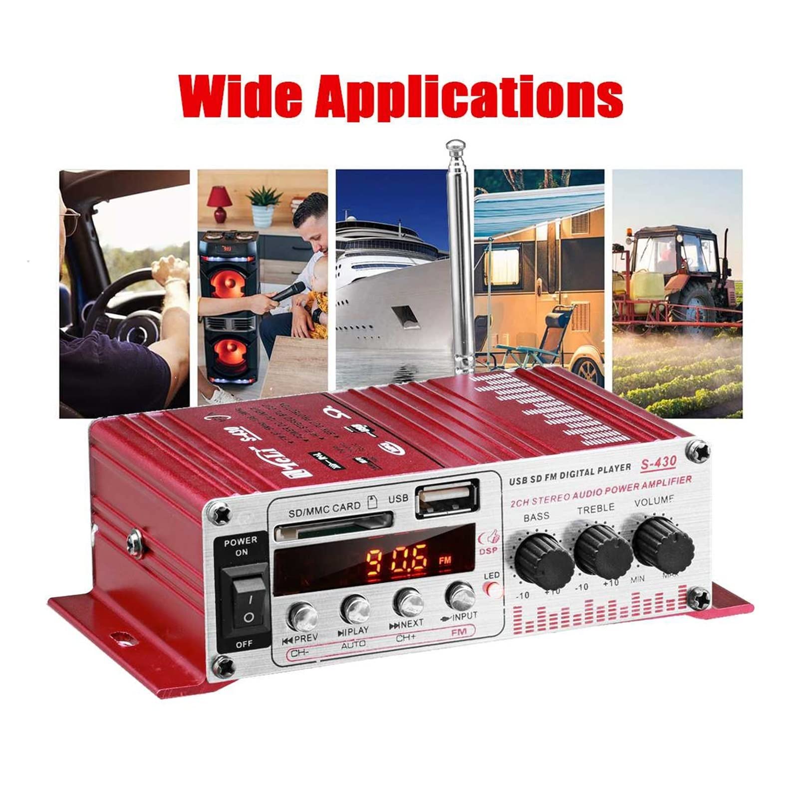 Amplificatore Audio, S430 600W 2CH. Auto HiFi. Amplificatore audio Lcd. Display Classe D Power amplificador Radio Car Home Altoparlante FM USB SD.(Rot)