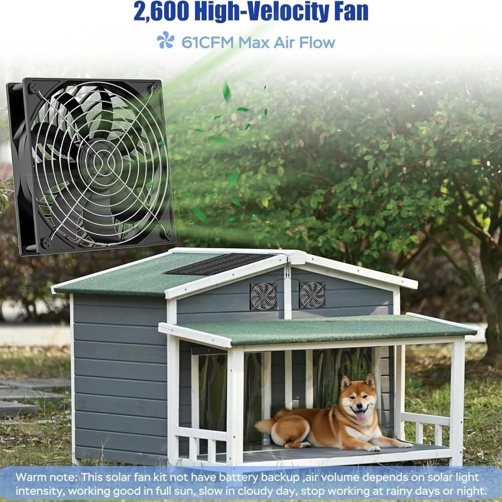 Kit de ventilador dual alimentado por energía solar de 15 W, IP65 impermeable 2600 RPM alta ventilación para invernadero cobertizo casa de mascotas, panel de silicona monocristalina con 2 ventiladores