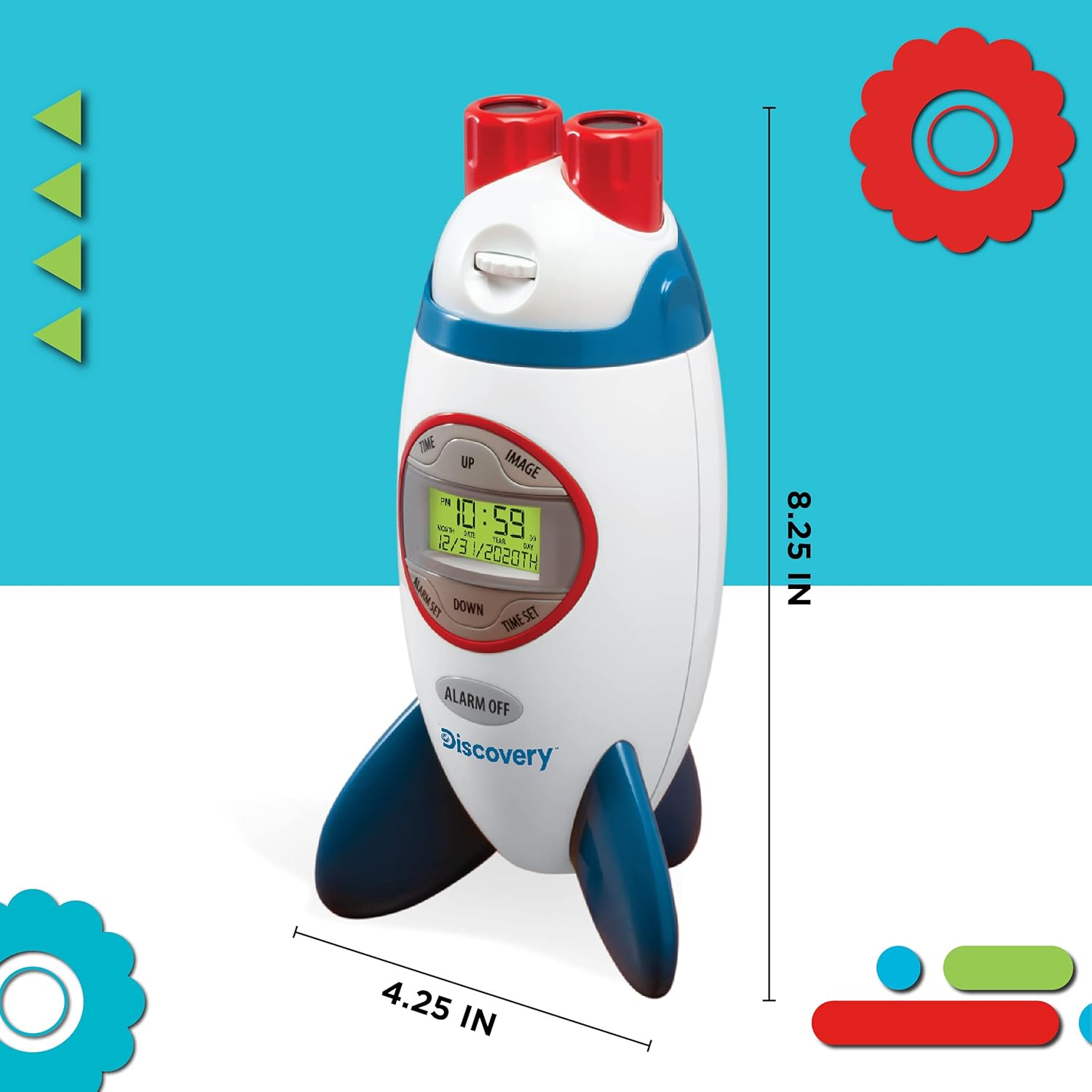 Dimensions of the Discovery Kids Time and Space Projection Alarm Clock.