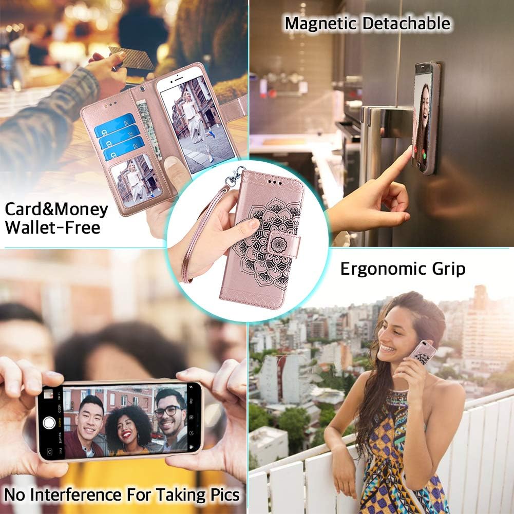 CASEOWL Mandala Embossed Upgrade Version Wallet Case for iPhone 8-Plus&7-Plus,Magnetic Detachable TPU Case,RFID Protection,2-Way Stands,Fit Car Mount,Card Slots Holder,Wrist Strap[Rose Gold][2th Gen]