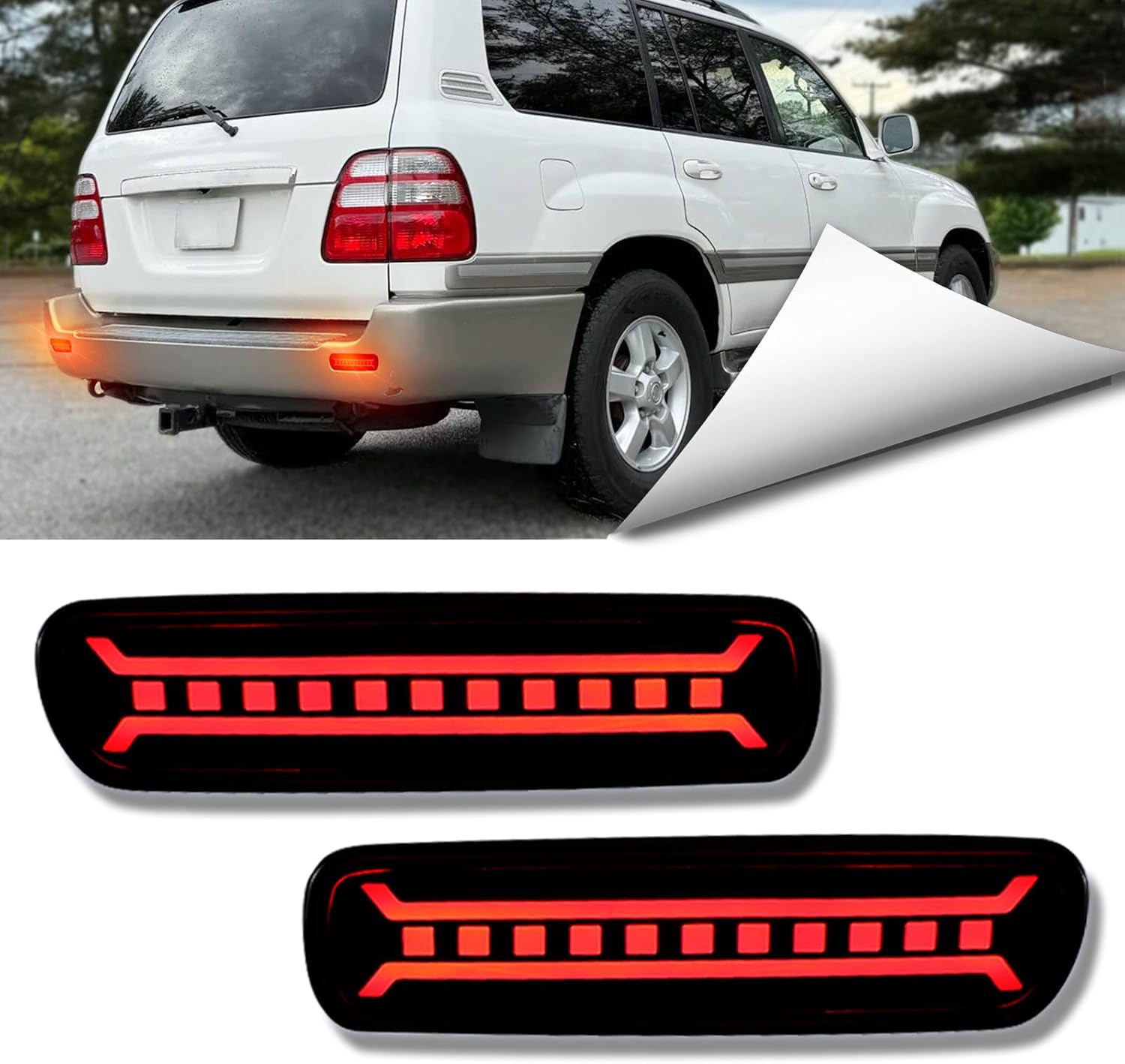 LED Rear Bumper Reflector Lights Trim for Toyota Land Cruiser LC100 1998-2007, for Lexus LX470| Red Sequential Turn Signal,DRL&Brake Light |Replacement for OEM 8191048050, 8192048050 (Smoked)