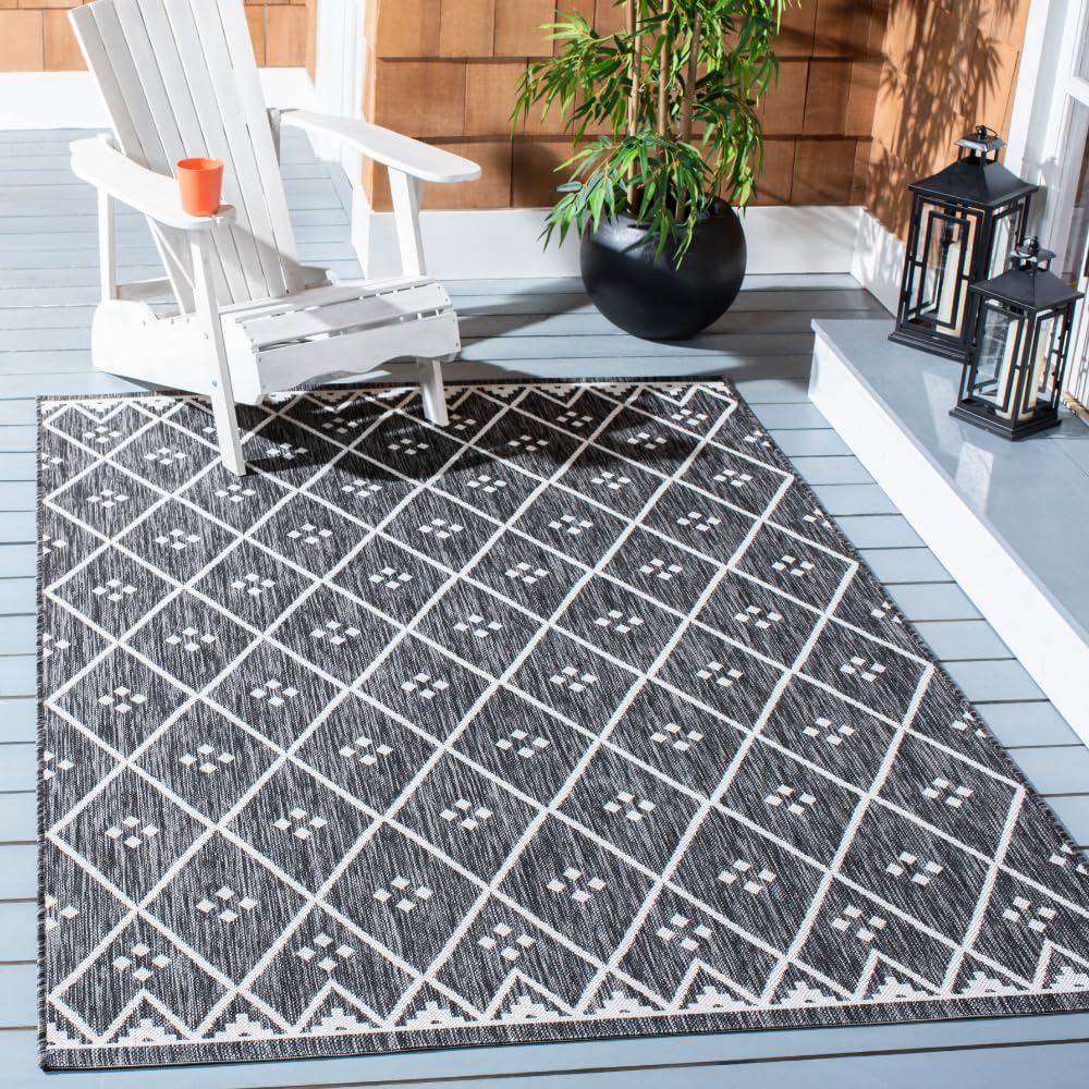 SAFAVIEH Washable Rug Outdoor Courtyard Collection - 4' x 5'7", Black & Ivory, Non-Shedding & Easy Cleaning, Ideal for Patio, Backyard, Mudroom (