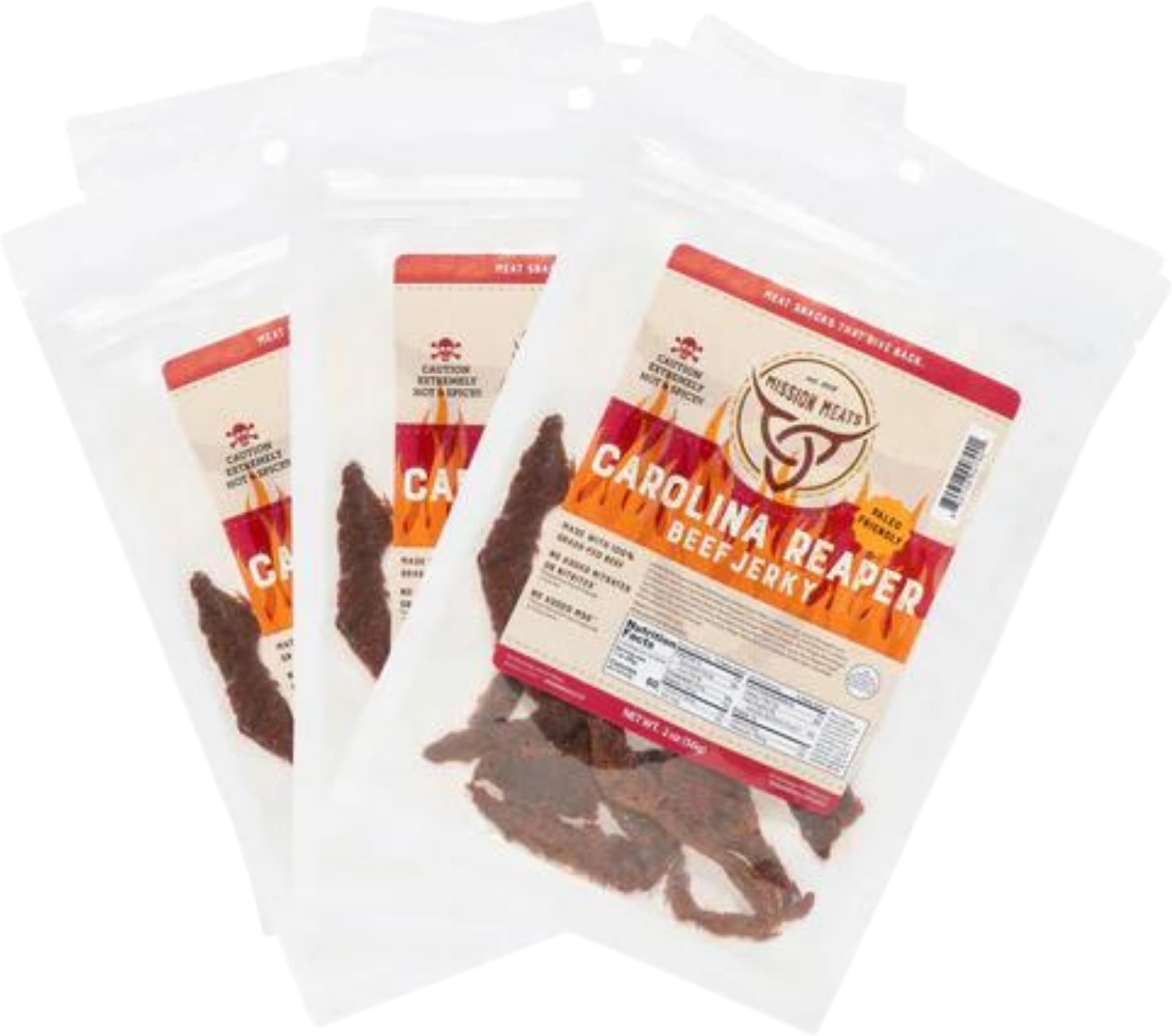 Mission Meats Carolina Reaper Jerky from 100% Grass Fed & Pasture Raised Beef, Caution: Extremely Spicy, Small Batch Hand Crafted, Gluten Free, 2oz (Pack of 6)