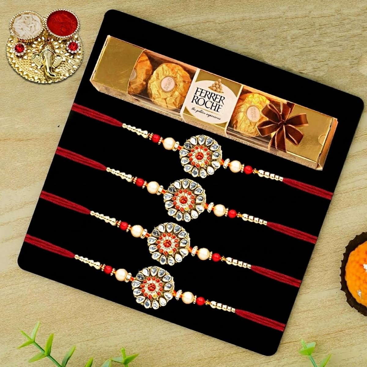 Saugat Traders Rakhi for Brother Set of 4 with Chocolate Gift - Combo Pack of 4 Designer Kundan Rakhi for Bhai and Beloved Brother - Premium Rakhi - Exclusive Handmade Rakhis-image-42