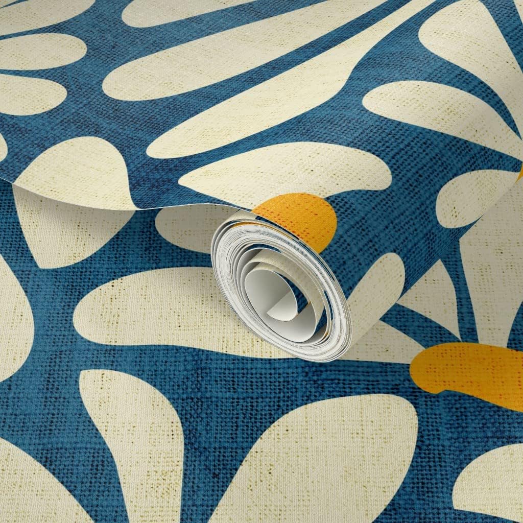 Spoonflower Peel & Stick Wallpaper Swatch - Retro Daisy Flower Power Blue Floral Vintage Groovy 70S 60S Custom Removable Wallpaper