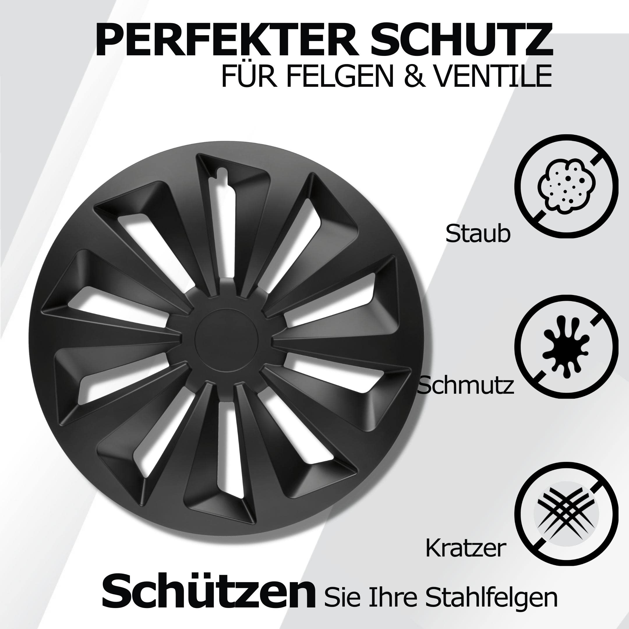 Radkappen 16 Zoll Schwarz Radzierblenden 4er-Set The Rock für Stahlfelgen | Zierkappen, Radblenden & Felgenabdeckung, rostfrei & witterungsbeständig, einfache Clip-Montage, für die meisten Automarken