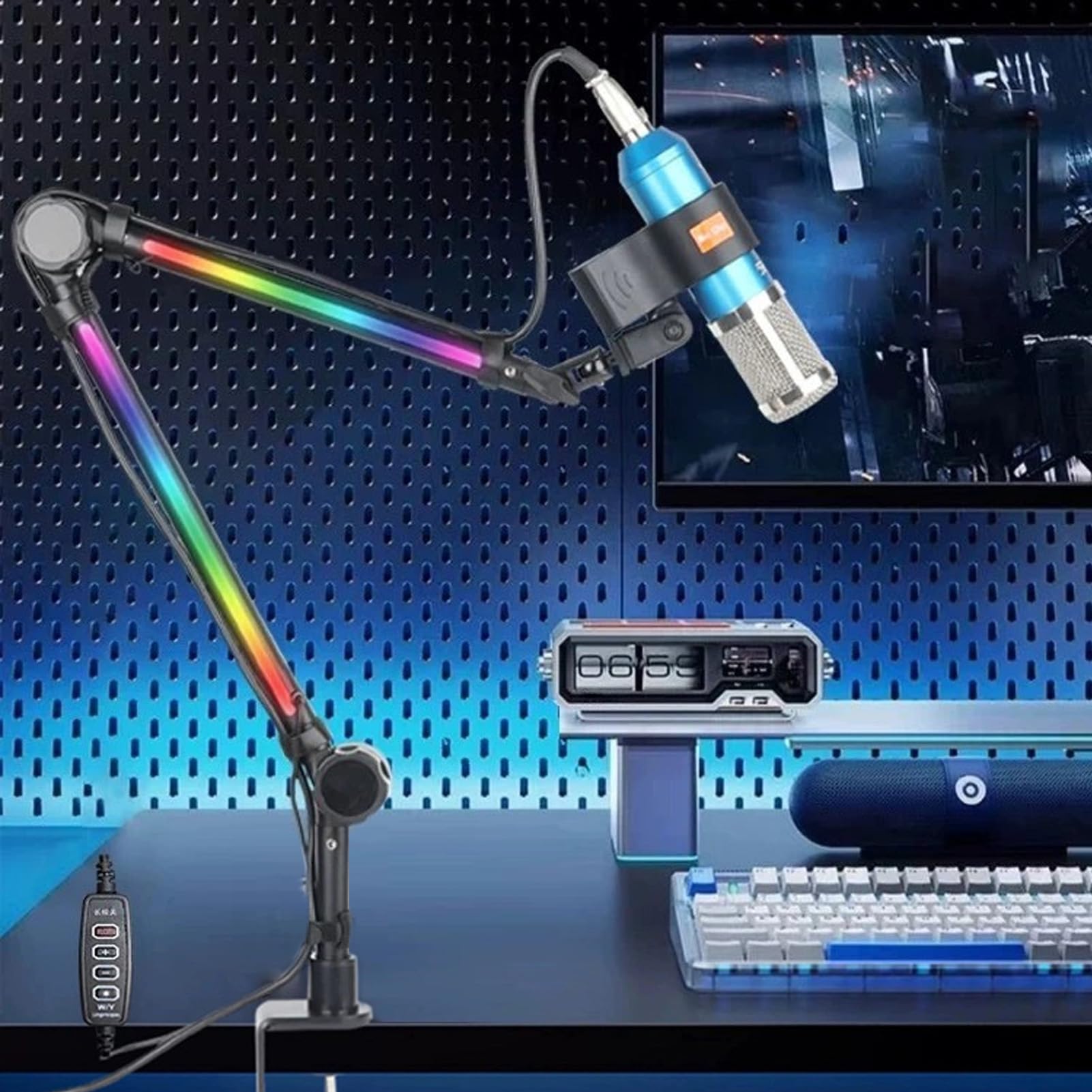 Sxhlseller Supporto per Microfono RGB Regolabile in Metallo con Luce Abbagliante per Giochi e Podcast, 22 modalità Colore, capacità di Carico di 1 Kg