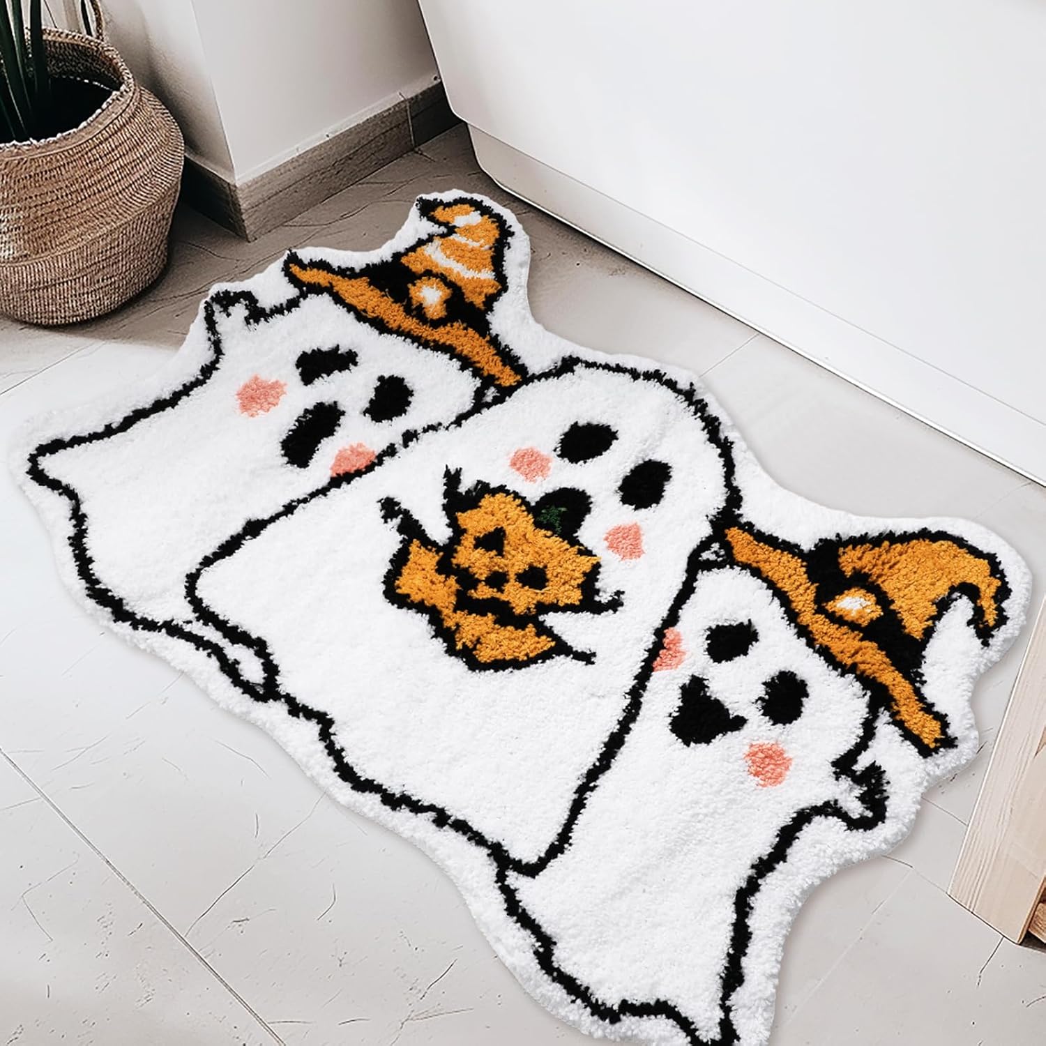JarThenaAMCS Halloween Bath Mat Ghost Pumpkin Bathroom Rug Non Slip Spooky Bath Carpet for Halloween Home Decoration