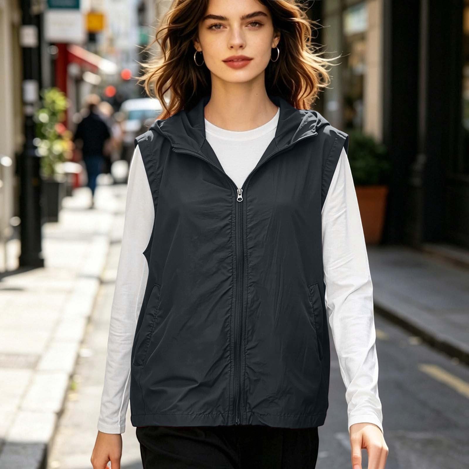 Weste Damen Sommer Jacke Leicht Sommerweste Ärmellose Sommerjacke mit Kapuze Sonnenweste Reißverschluss Damenwesten Sportweste Elegant Stehkragen Sportjacke Dünne Kapuzenjacke Outdooerjacke