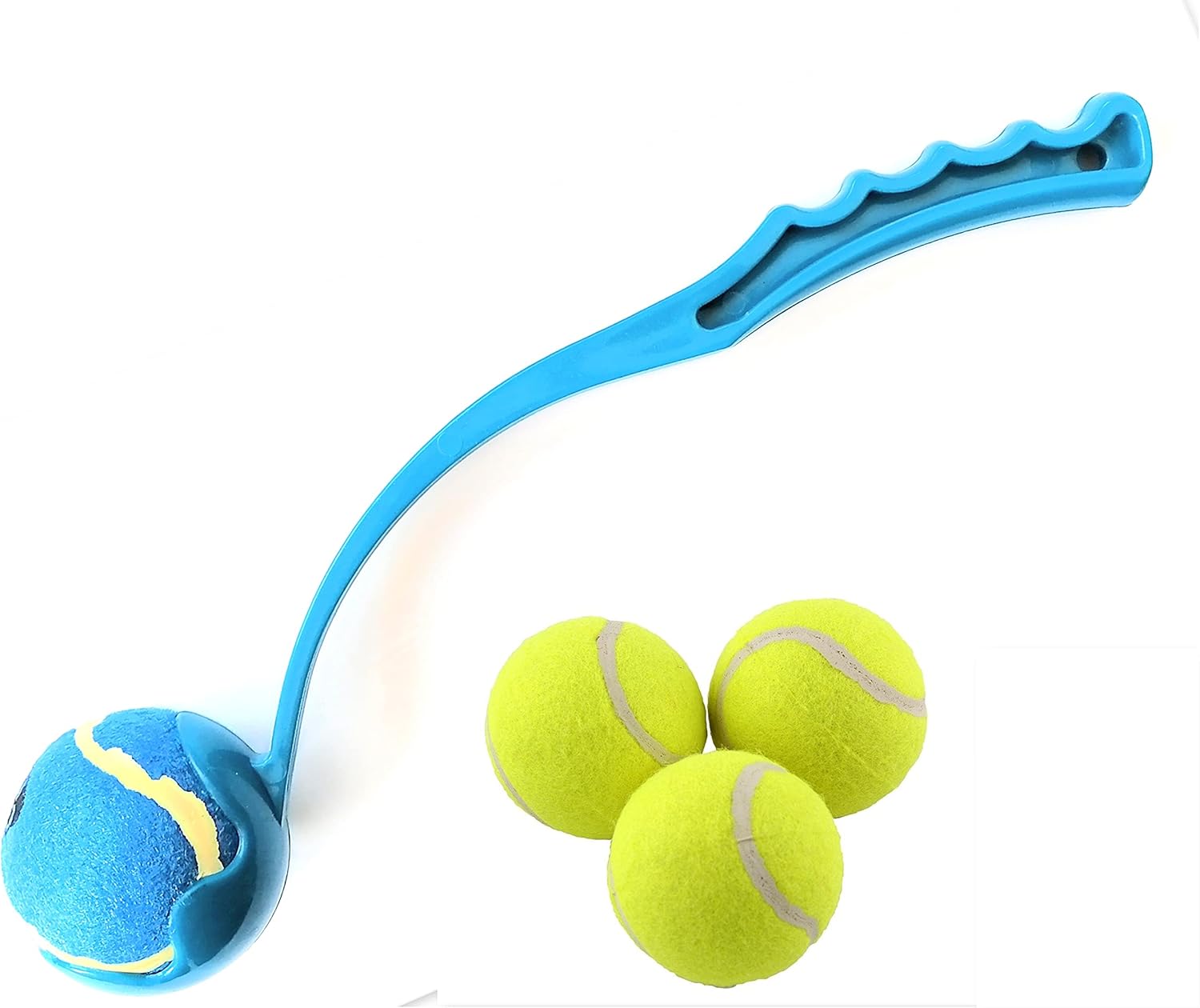 Blue Dog Ball Launcher with 4 Tennis Balls, Dog Launcher, Ball Thrower