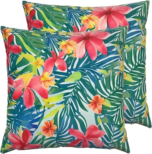 Juego de 2 fundas de almohada cuadradas de flores y hojas de plumeria tropical, 18 x 18 pulgadas, fundas de cojín impresas de doble cara, fundas de
