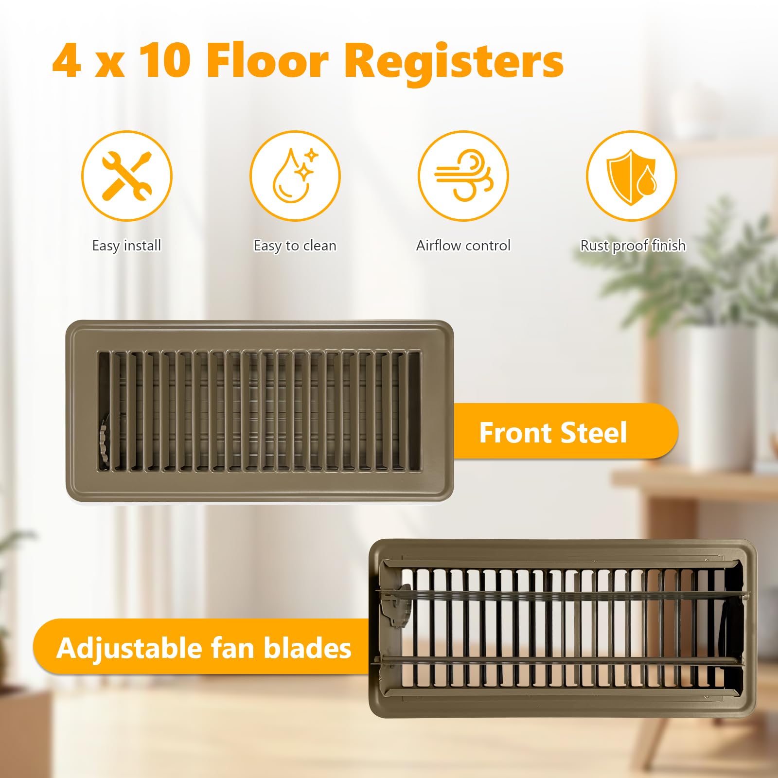 4 Pack Floor Vent Covers, Floor Register 4" x 10", Adjustable Decorative Vent Covers for Home Floor, Ceiling or Sidewall Vent, Rust-Proof Heavy Duty Walkable Steel Floor Vents (Brown 4'' x 10'') - 3