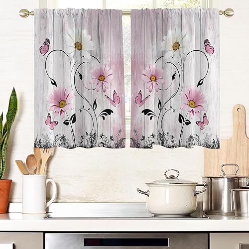 Miniatura 7 de AAtter Cortina de ventana con diseño floral morado, lavanda, lila, flores rústicas, mariposas blancas, margaritas blancas, hojas negras abstractas,