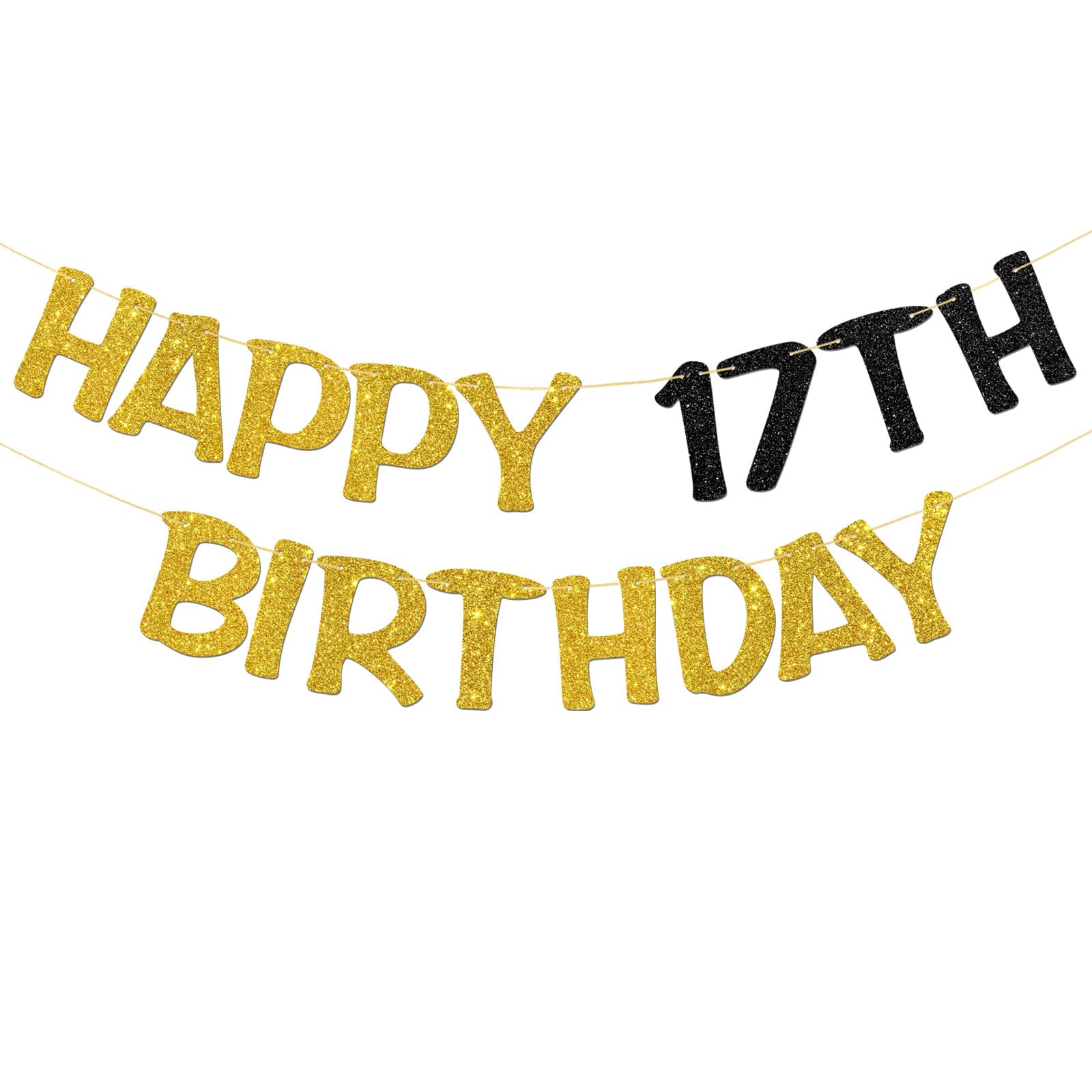 Happy 17th Birthday Banner - Boy Girl 17th Birthday Party Garland Supplies - Cheers to 17 Years Party Decorations - Gold Black Glitter