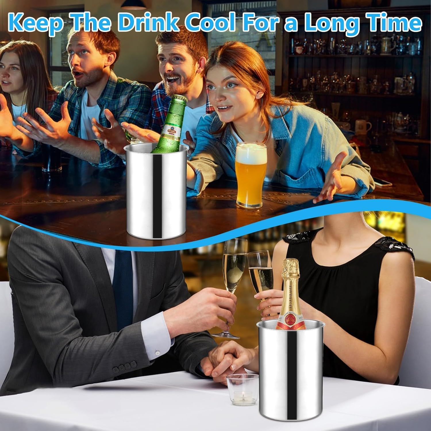 Juego de 6 cubiteras apilables de acero inoxidable grueso de 750 ml para vino, cerveza y champán, cubos de hielo de metal para fiestas, barbacoas y bares (18 cm de alto x 14,5 cm de ancho)