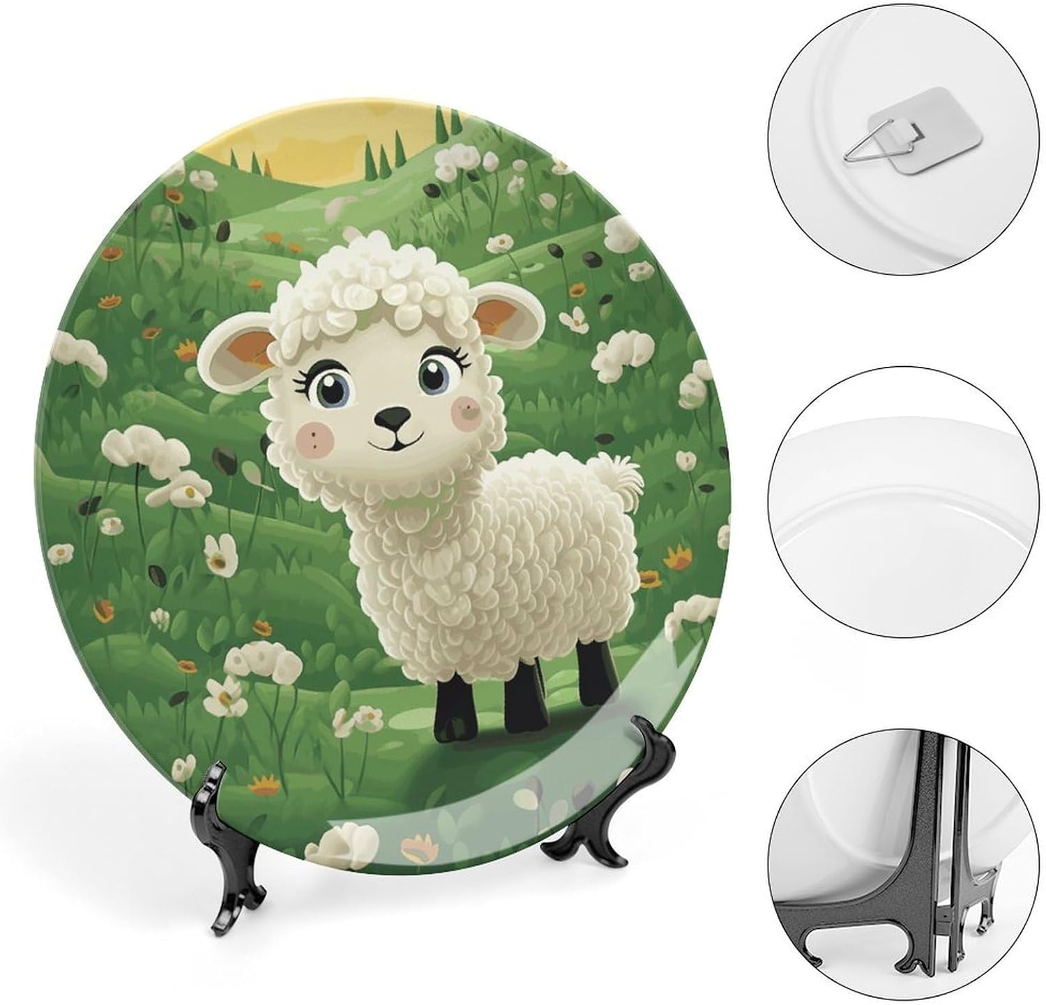 Cute Cartoon Sheep Bone China Decorative Plate with Display Stand, Ceramic Ornaments Plate for Wall Hanging, Personalized Porcelain Plates for Office, Living Room 8inch