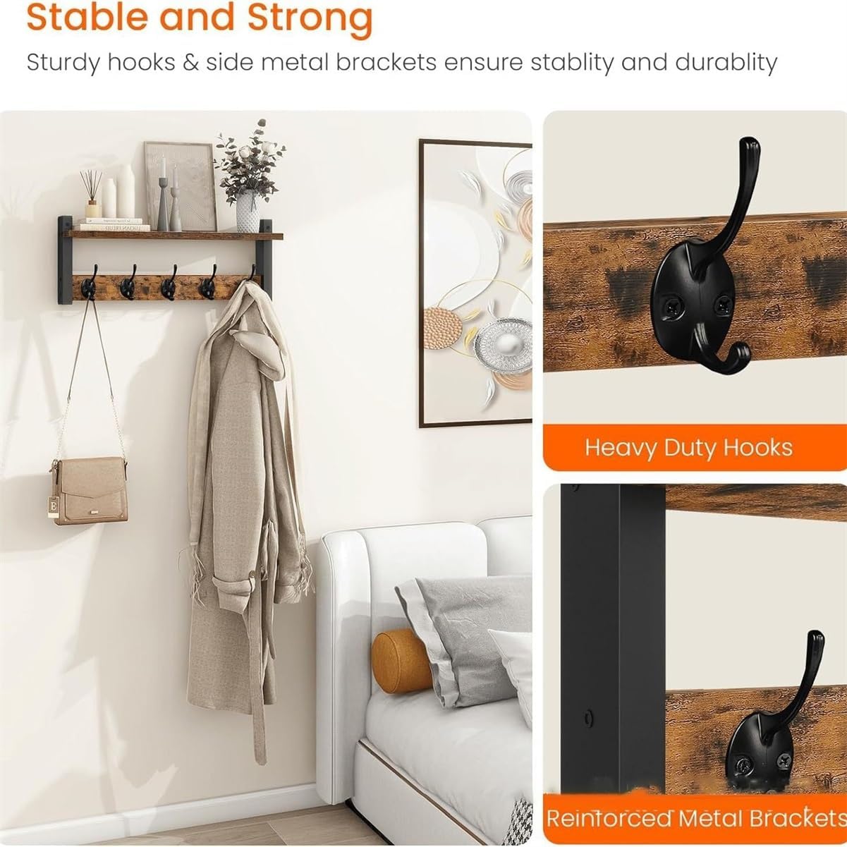2-in-1 Wall Mounted Shelf with Hooks, Rustic Wood 2-Tier Floating Shelf + Heavy Duty Coat Hooks, Entryway Organizer for Keys, Hats, Bags, Bathroom Storage Rack(A)