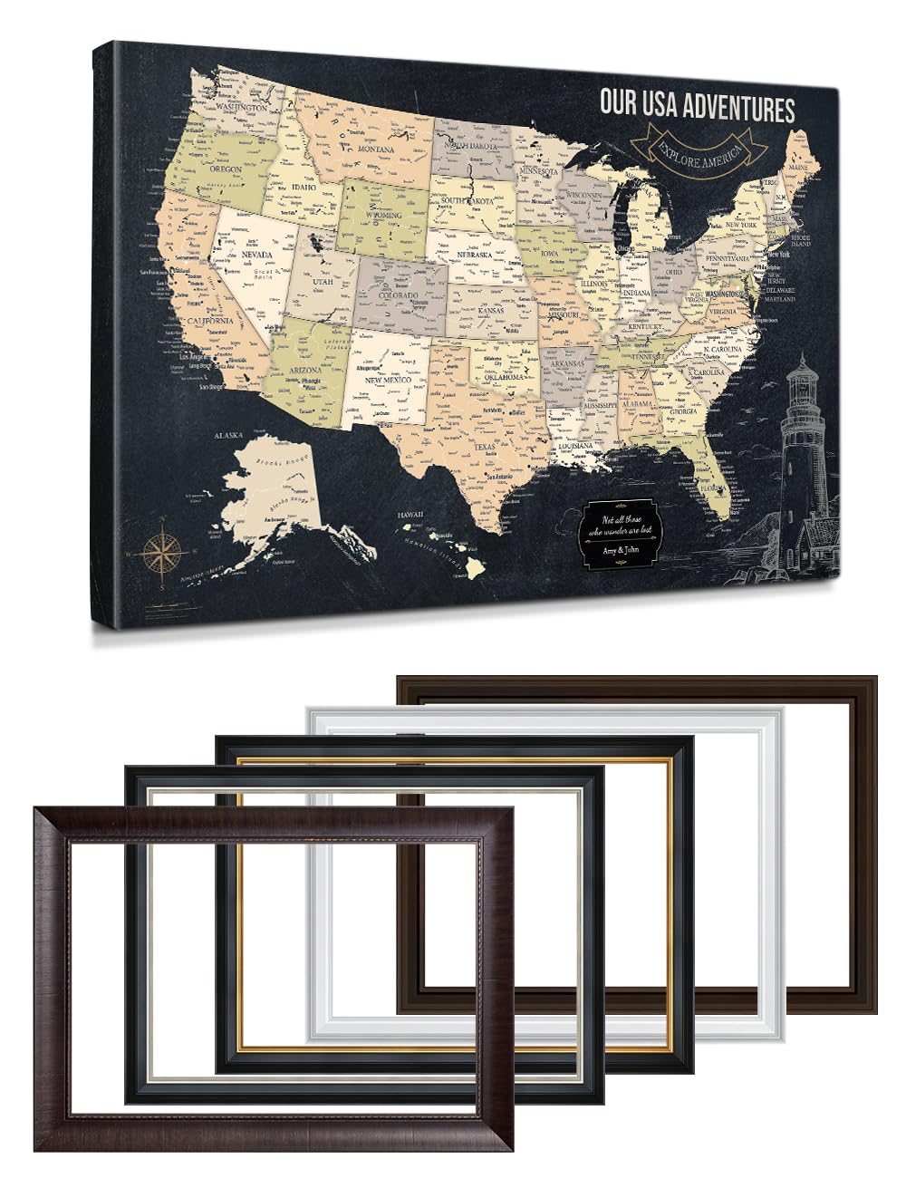 IPIC Personalized Vintage Framed USA Map Pin Board, Image Size 36x24 in