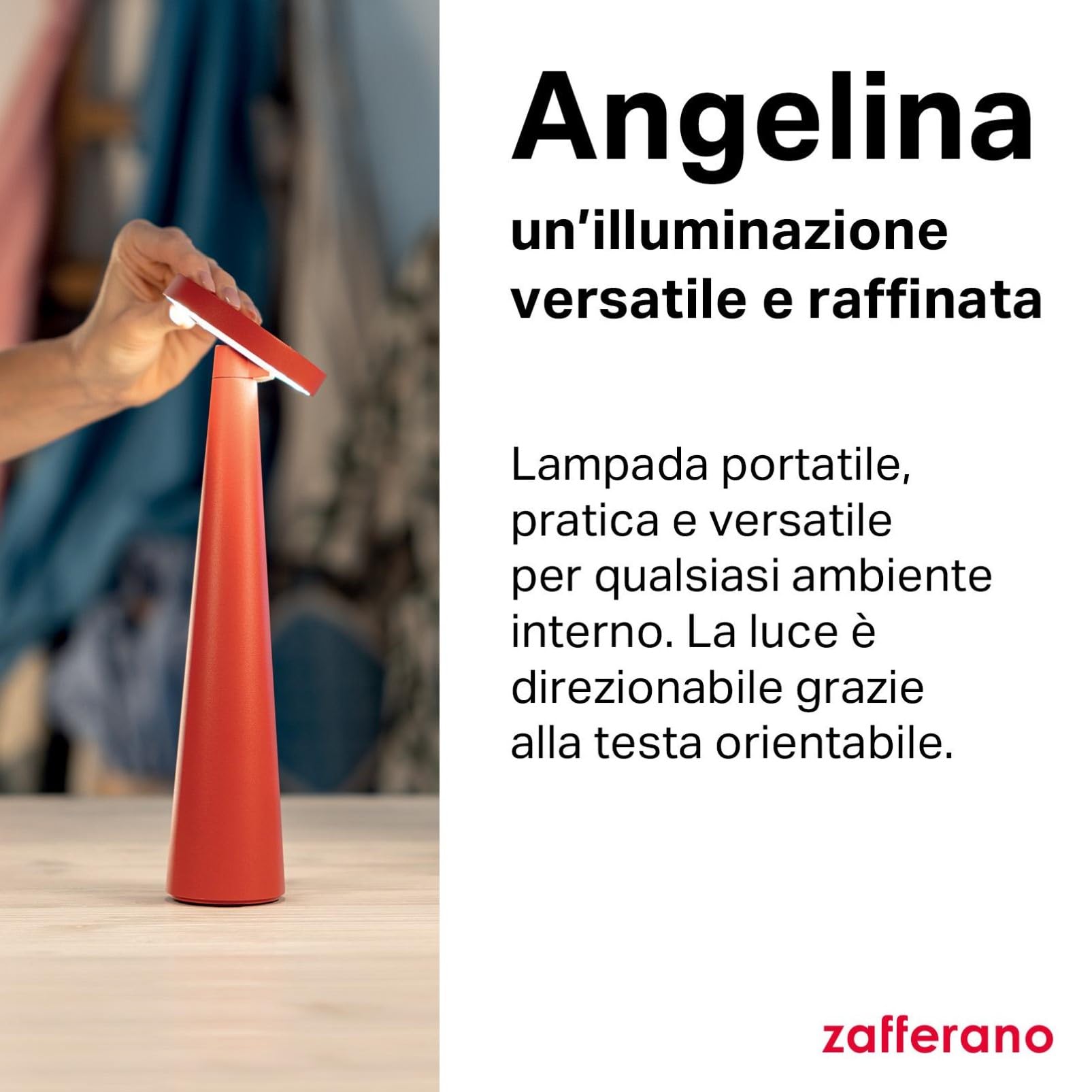 Zafferano, Lampada Angelina, Lampada da Tavolo Ricaricabile e Senza Fili con Controllo Touch e con Testa Orientabile, Adatta per Interni, Dimmer, 2200-3000 K, Altezza 26 cm, Colore Rosso