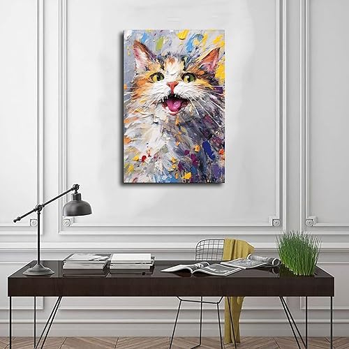 Miniatura 3 de Fyzuf Arte de pared de gato, pintura al óleo sobre lienzo, póster de lindo cubismo de gato, colorido, lindo, gatos, decoración estética, habitación,