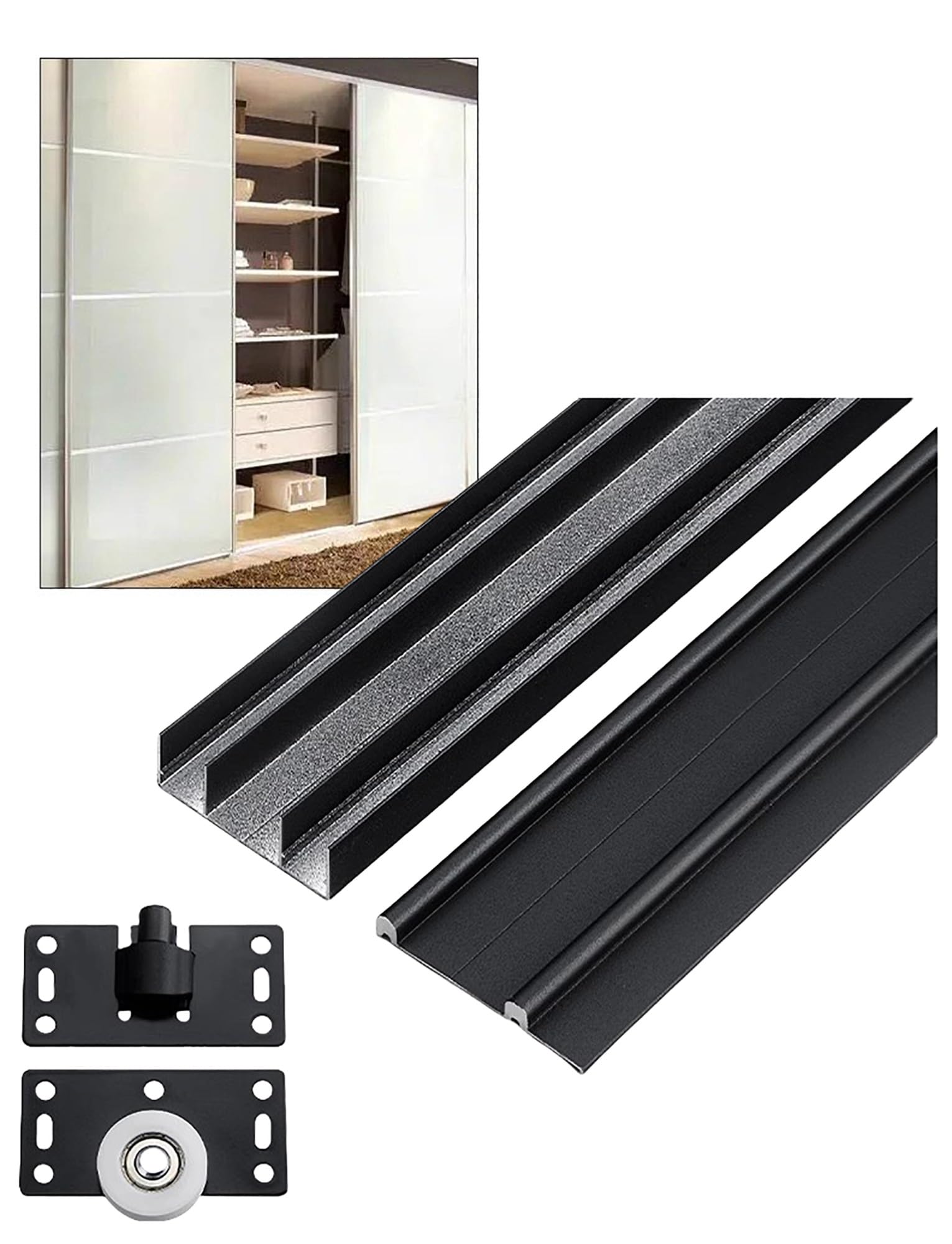 Kit de herrajes para Puerta corredera de Armario de Doble riel: riel Superior e Inferior Ajustables con Ruedas y Accesorios de Montaje (Negro, 200 cm/78,7 Pulgadas)