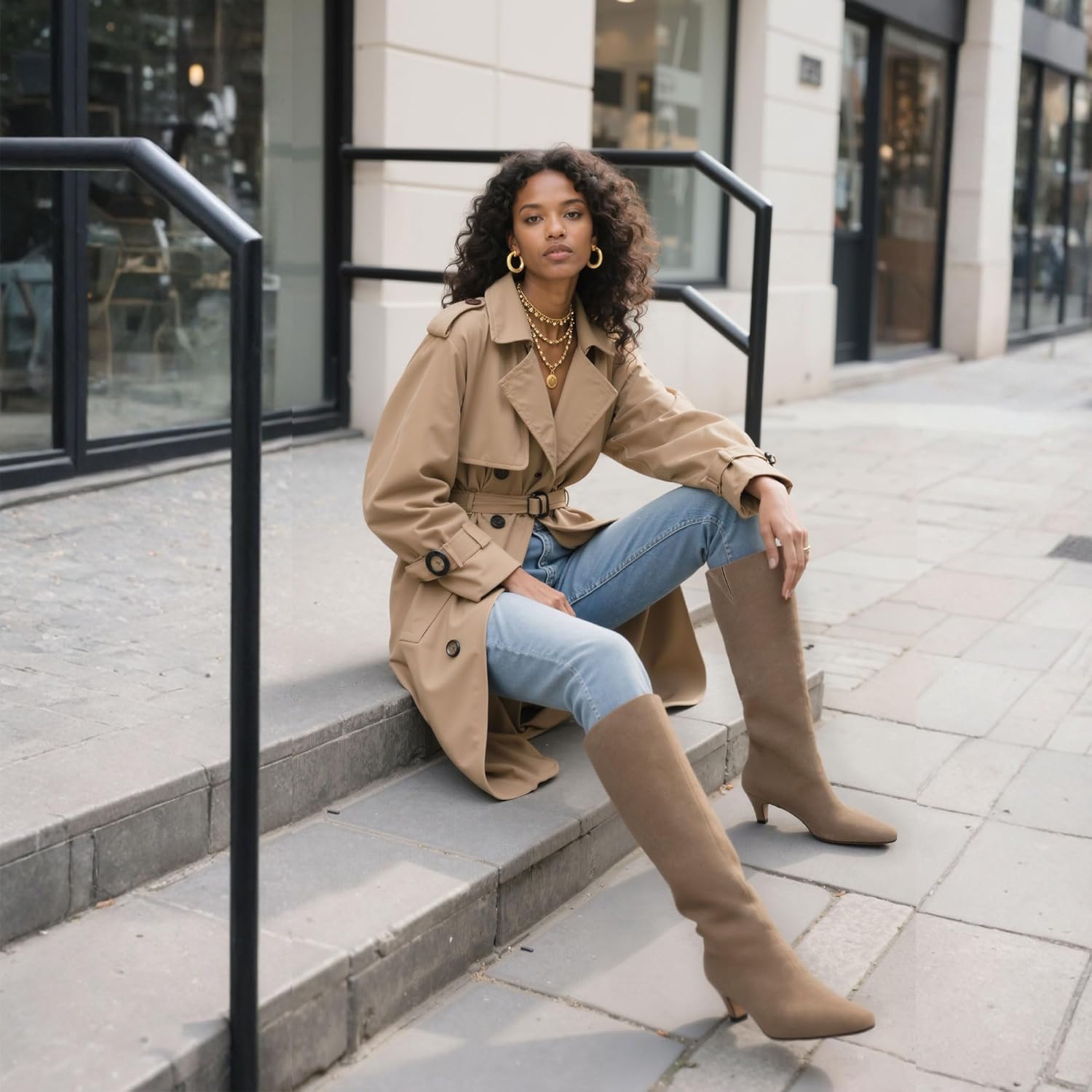 modatope knee high boots women square toe kitten heel tall boots womens fashion long boots 5 1/2 suede camel, used