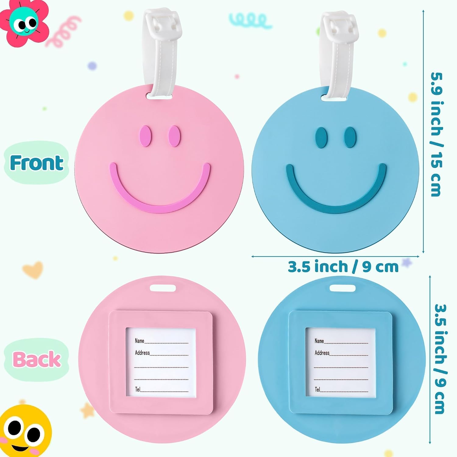 Preppy Smile Luggage Tags - 2 Happy Smile Face Luggage Tags for Suitcases, Round Funny Face Silicone Baggage Backpack Label Travel Personalized with Name ID Card Trunk Label for Girls Women