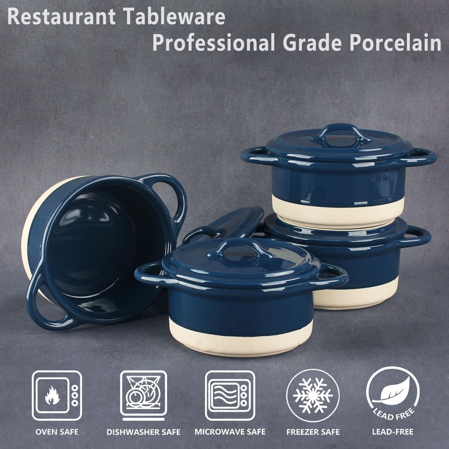 Ceramic Mini Stew Pot Set,10.1 oz Mini Casserole Dish,With lid and handle,Individual baking ramekin,Oven-safe,Microwave and dishwasher safe.4-piece set, (Blue)