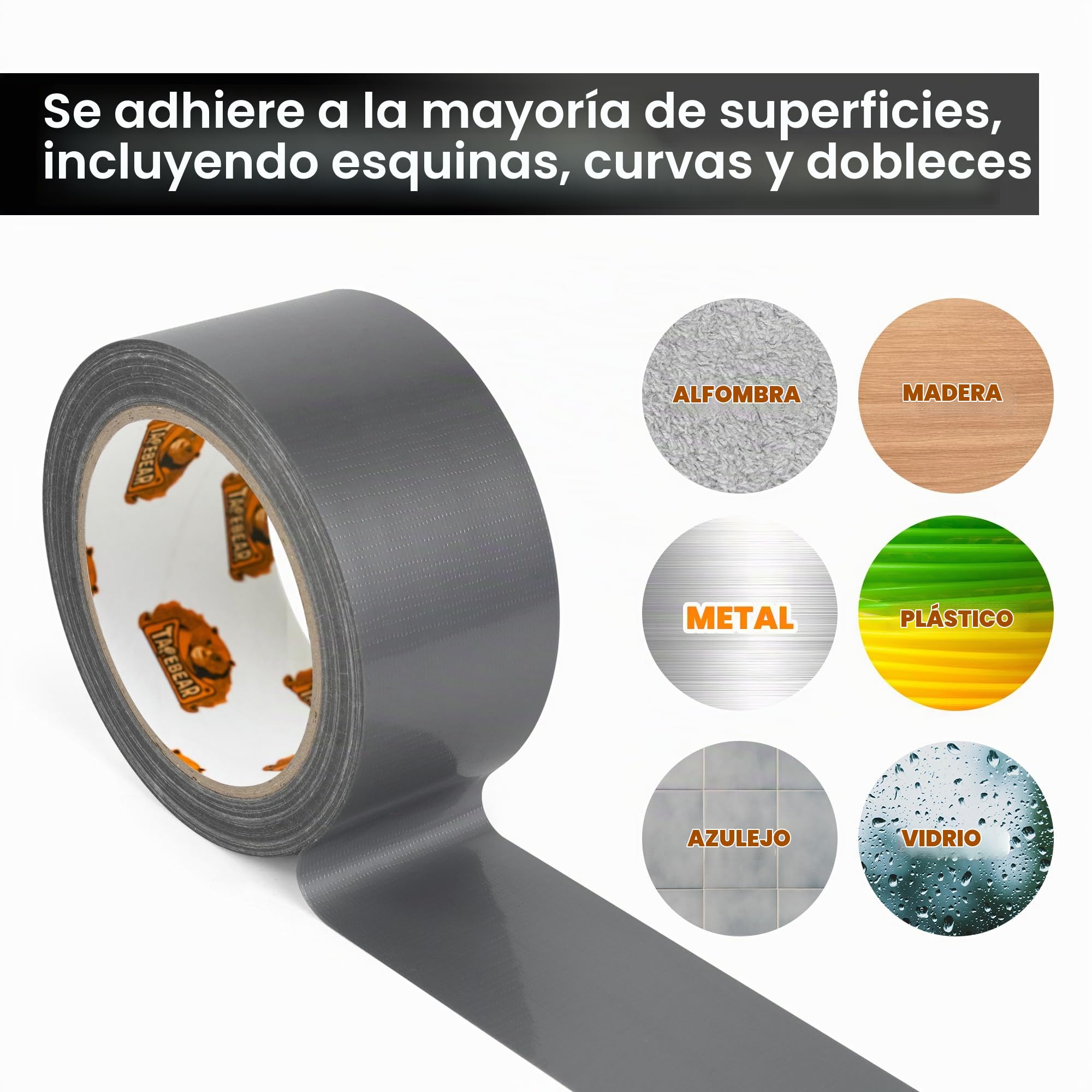 TAPEBEAR Cintas americanas Cinta adhesiva de tela 48mm x 27m, Ruban adhésif impermeable Cinta americana multiuso 9mil de espesor para Reparar, Fijar, Agrupar, Reforzar o Sellar, Plata, 5 rollos