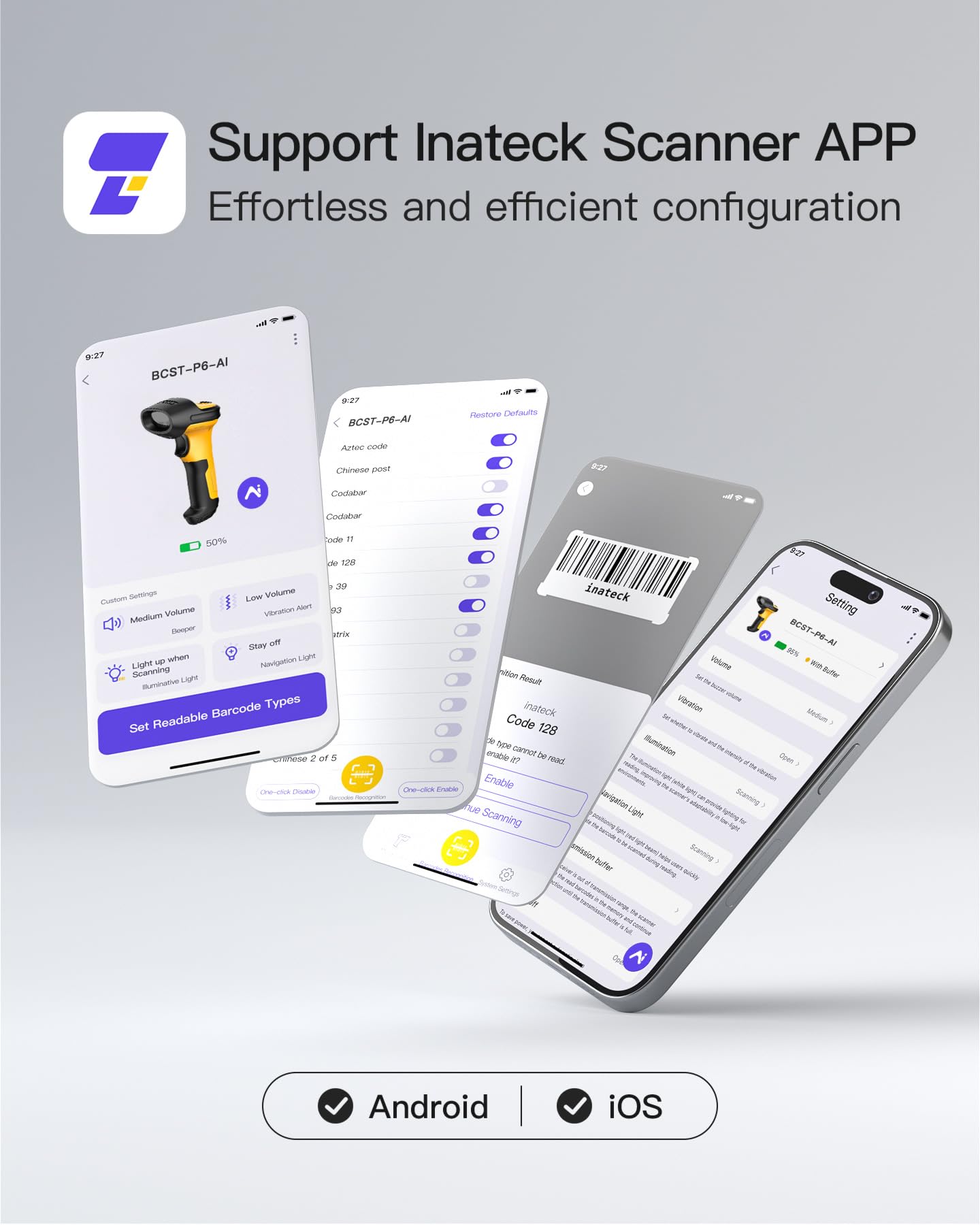 Inateck Scanner Code-Barres Laser sans Fil avec AI, 2.4GHz, Lecteur Code à Barres avec Portée de 60 Mètres, Batterie 2600mAh, Scan Automatique Rapide et Précis, Autonomie d’Environ 1 Mois, P6-AI