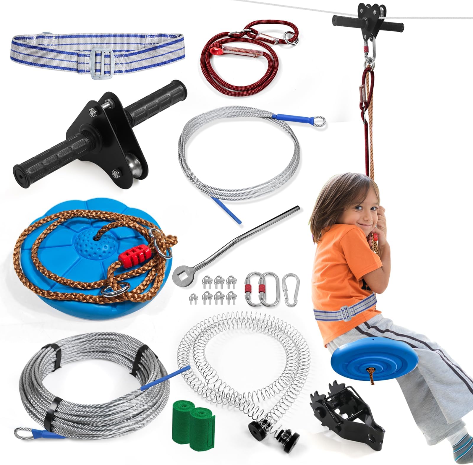 Zip line Kit for Kid and Adults,Zip line Up to 400lbs,Special Retractors and Disc Seats,Zipline Kit for Backyard,Playground Entertainment (80ft)