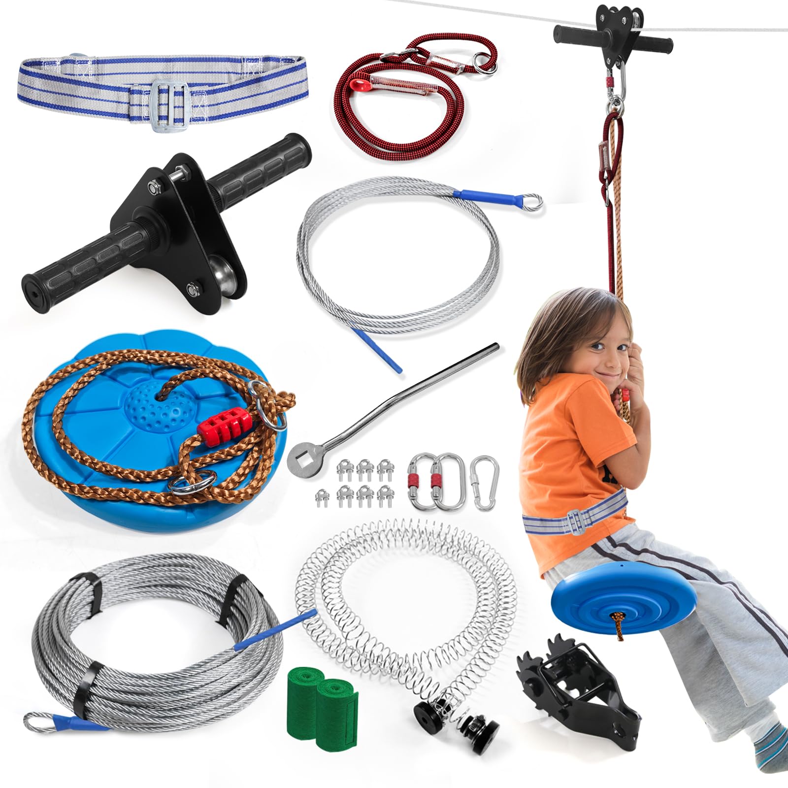 AOBOTE Kit de tirolesa para niños y adultos, tirolesa de hasta 400 libras, retractores especiales y asientos de disco, kit de tirolesa para patio trasero, entretenimiento en el parque infantil (120
