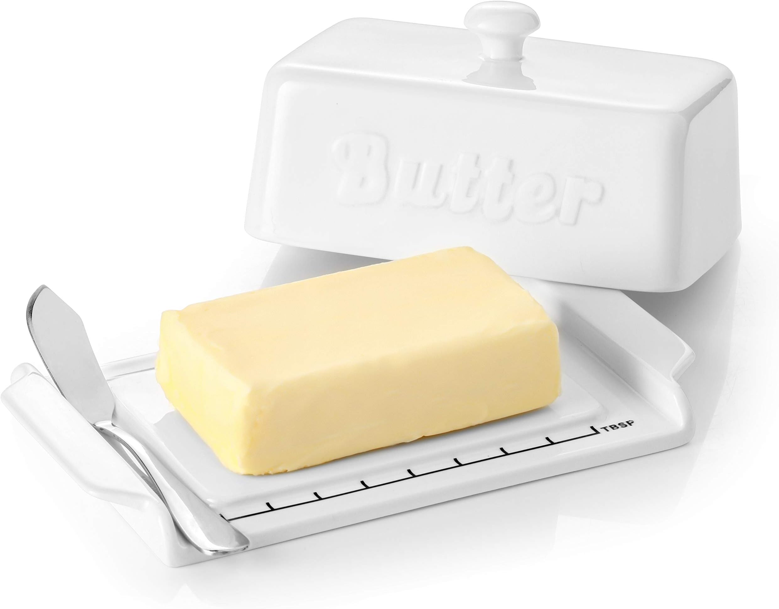 DOWAN Butter Dish with Steel Butter Knife, Porcelain Keeper with Lid, Perfect for Both East and West Coast Butters, White