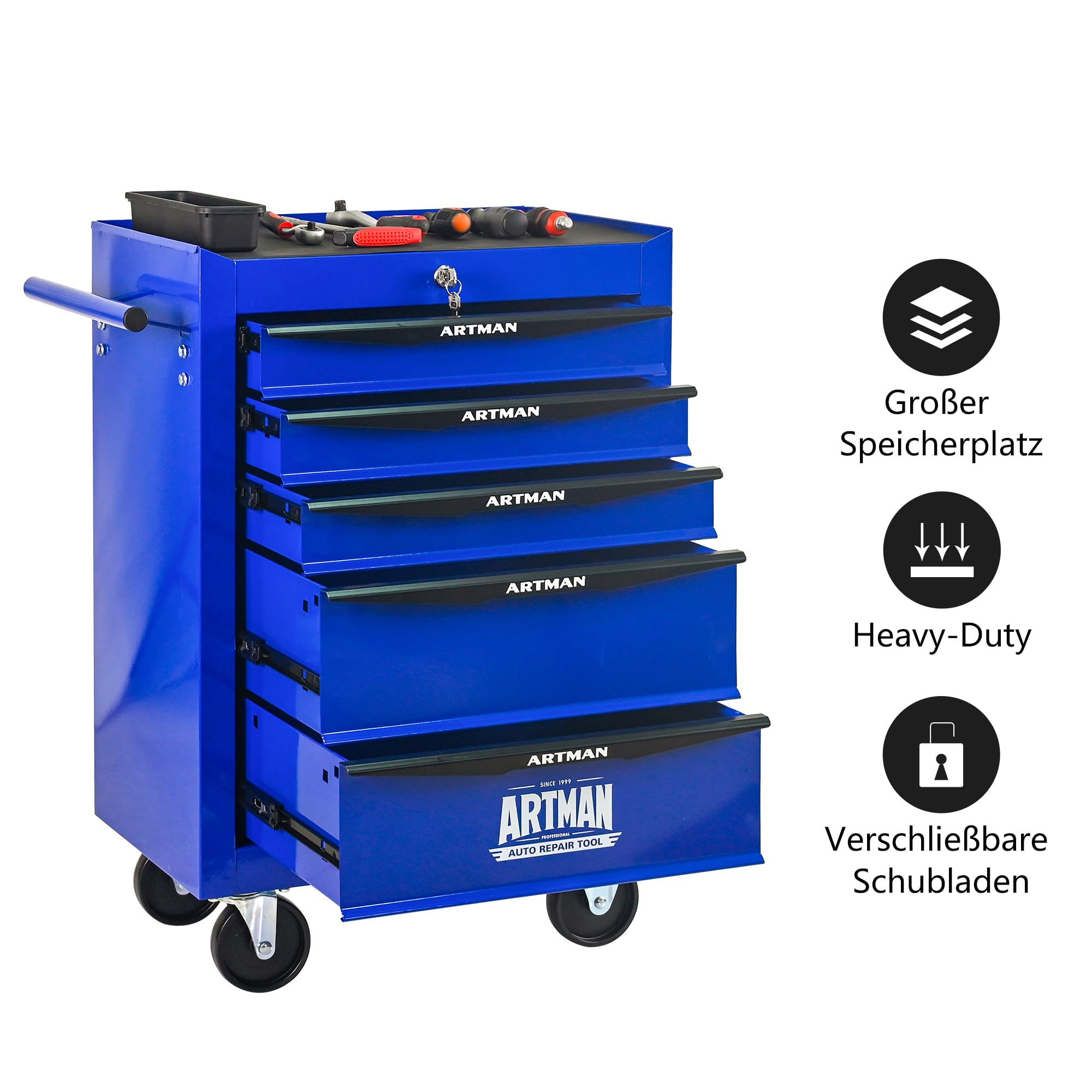 Generisch Robusto carrello portautensili con 5 cassetti con cuscinetti a sfera e 4 ruote girevoli, in acciaio, per garage e officina, colore nero/blu