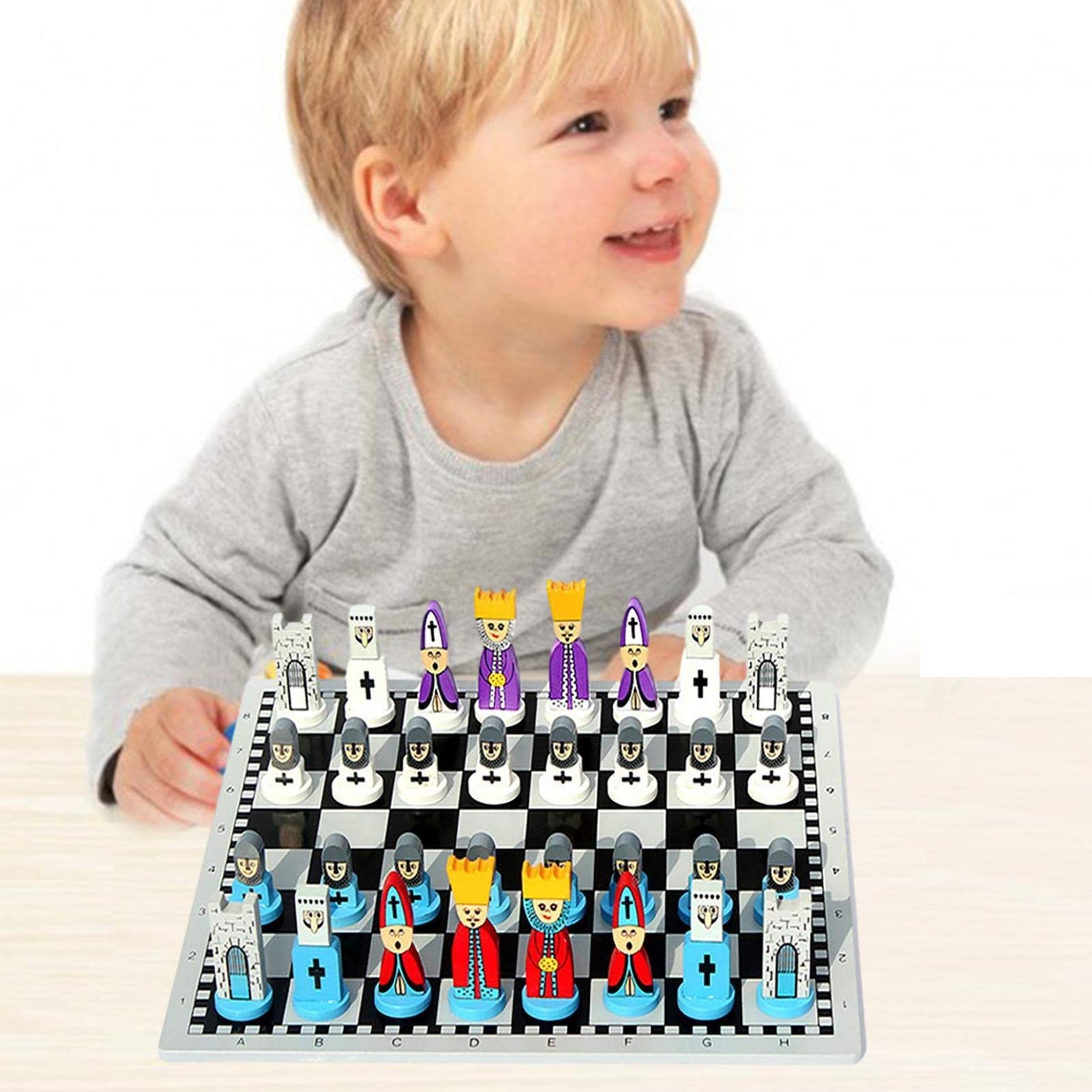 Photo 1 of Kids Chess Set, Cartoon Wooden Doll Chess Set, Travel Portable Chess Game Sets, Early Educational Board Games for Kids and Adults