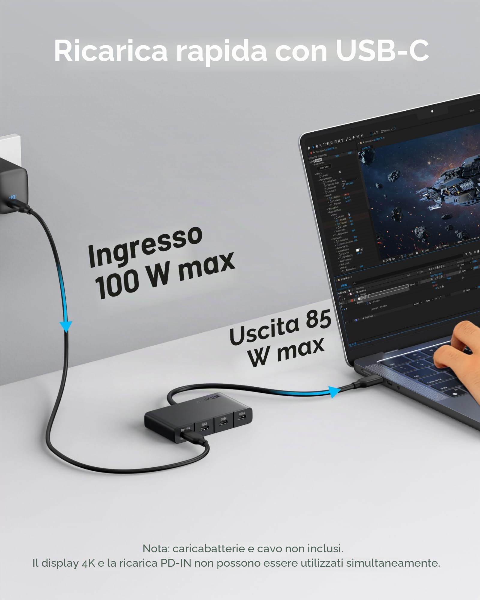 Anker Hub USB-C, hub di visualizzazione veloce USB 3.2 da 10 Gbps, 4 porte con PD-IN massimo 100 W per MacBook Pro, iPad, iPhone 15, Surface Pro, Dell e altri