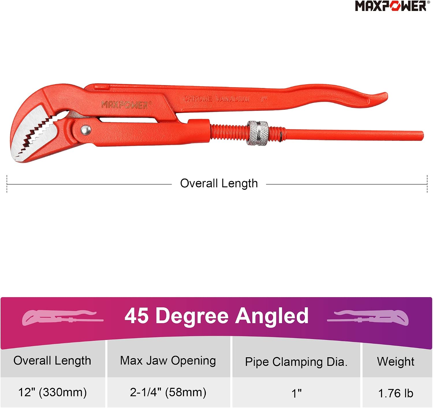 MAXPOWER 12 inch Swedish Pipe Wrench, 2-1/4 inch Jaw Capacity, 45 Degree Angled Jaw, Fast Adjustable Plumbing Wrench