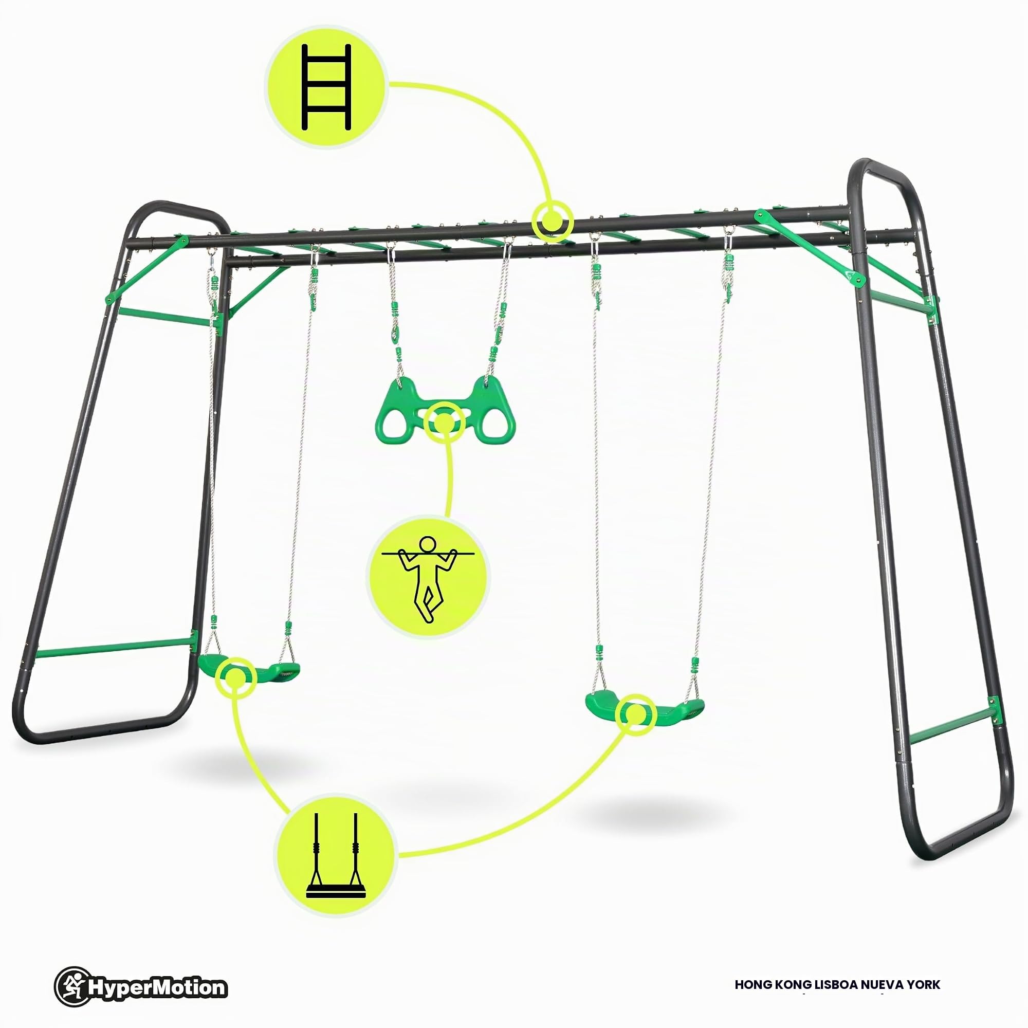 HyperMotion Columpio Infantil XXL con 2 Asientos, Escalera y Trapecio - Estructura de Acero para Jardín, Cuerdas Ajustables, Resistente hasta 150 kg