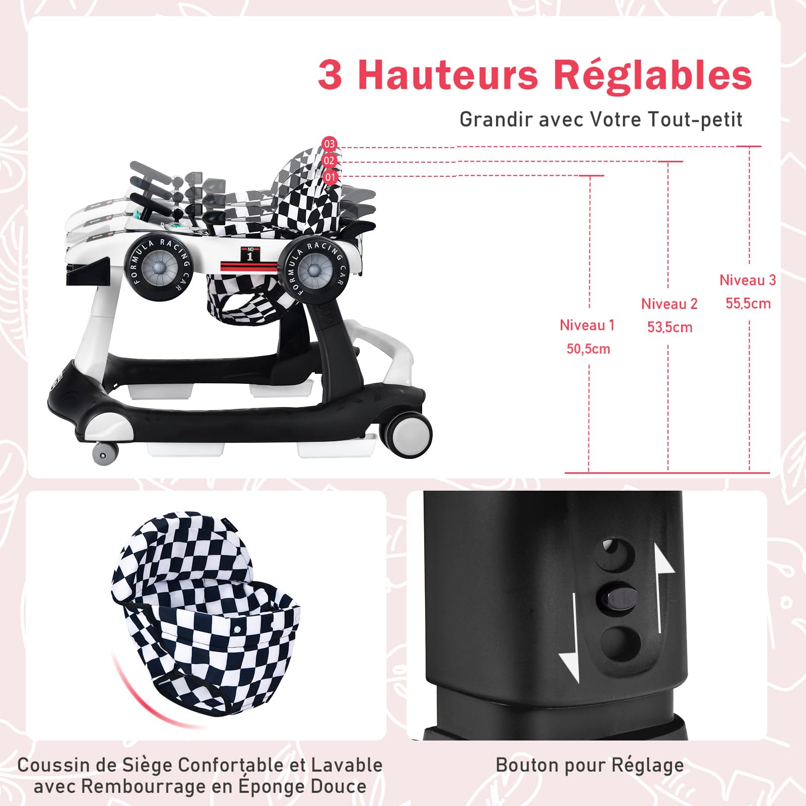 COSTWAY Trotteur Bébé Garçon Pliable 4 en 1 avec 3 Hauteur Réglable, Trotteur Marche Bébé Garçon Évolutif avec Musique & Lumière, Roues Silencieuses, 5 Patins Antidérapants pour 6-18 Mois(Blanc) - 3