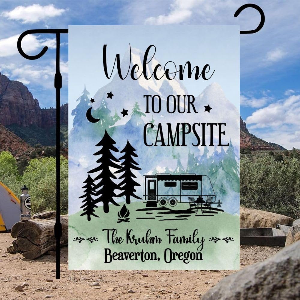 personalized Camping Garden Flag for Campsite, custom outdoor camper decoration sign, Welcome to our Campsite, yard decor for unique RV, Motorhome, tent, thoughtful gift