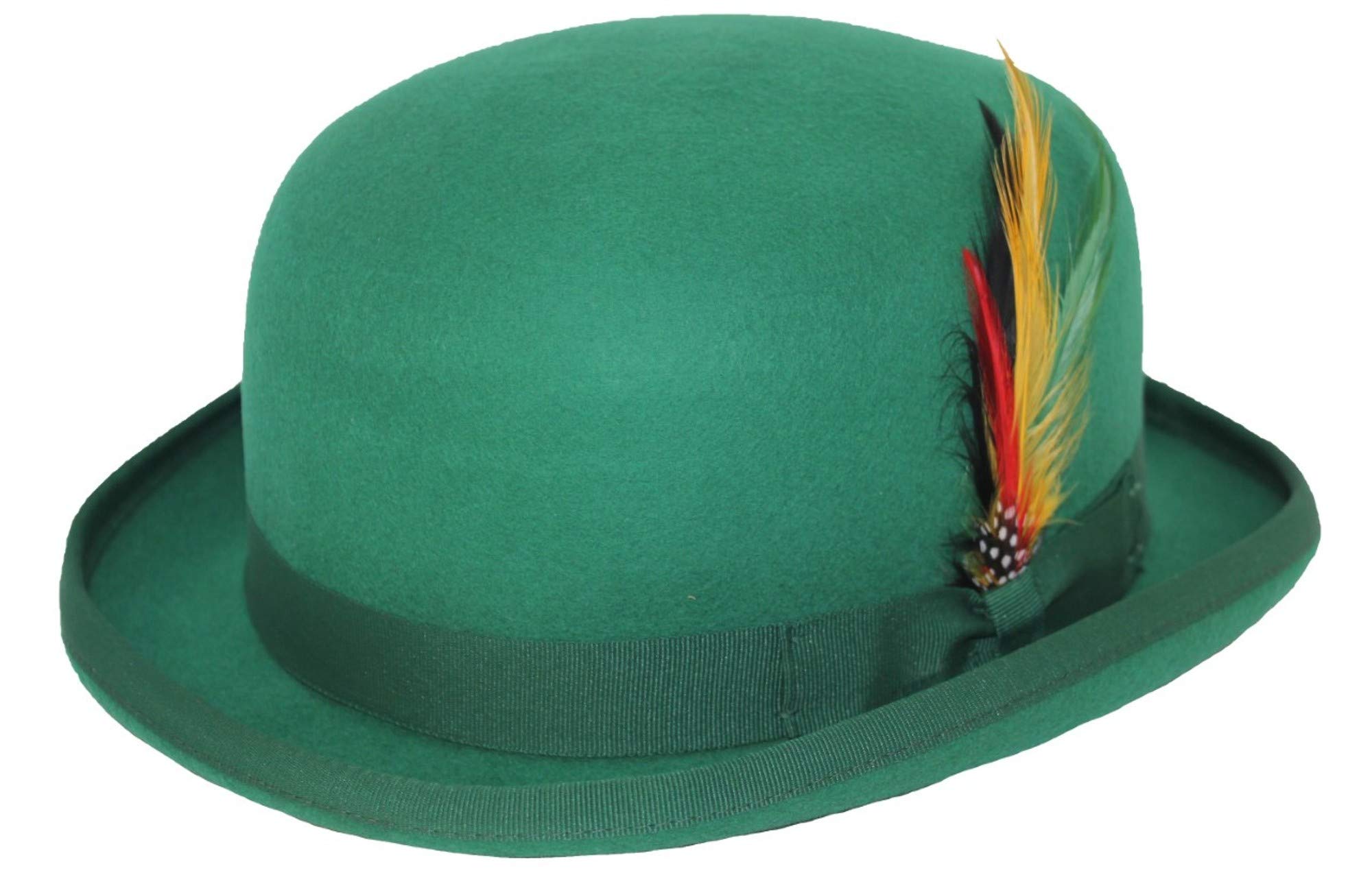 MAZ Unisex Hard Top Wool Bowler Hat With Feather Satin Lined Sizes S to XL