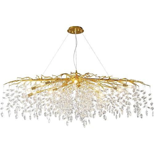 Laiuetai Gold Modern Crystal Chandelier, 60 Inch Extra Large Rectangle Tree Branch Ceiling Light Fixtures, Luxury Raindrop Pendant Lighting for Dining Room, Living Room, Kitchen Island, Bedroom