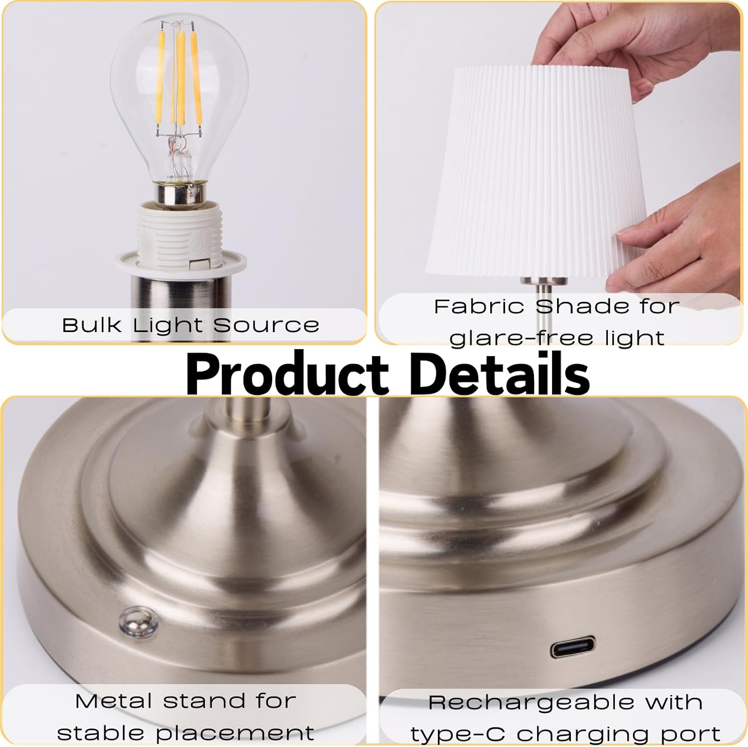 Rechargeable Table Lamp, Cordless Touch Lamps, Portable Desk Light with Stepless Dimmable Brightness & Fabric Shade for Nightstand Bedside Living Room (Silver, Twill)