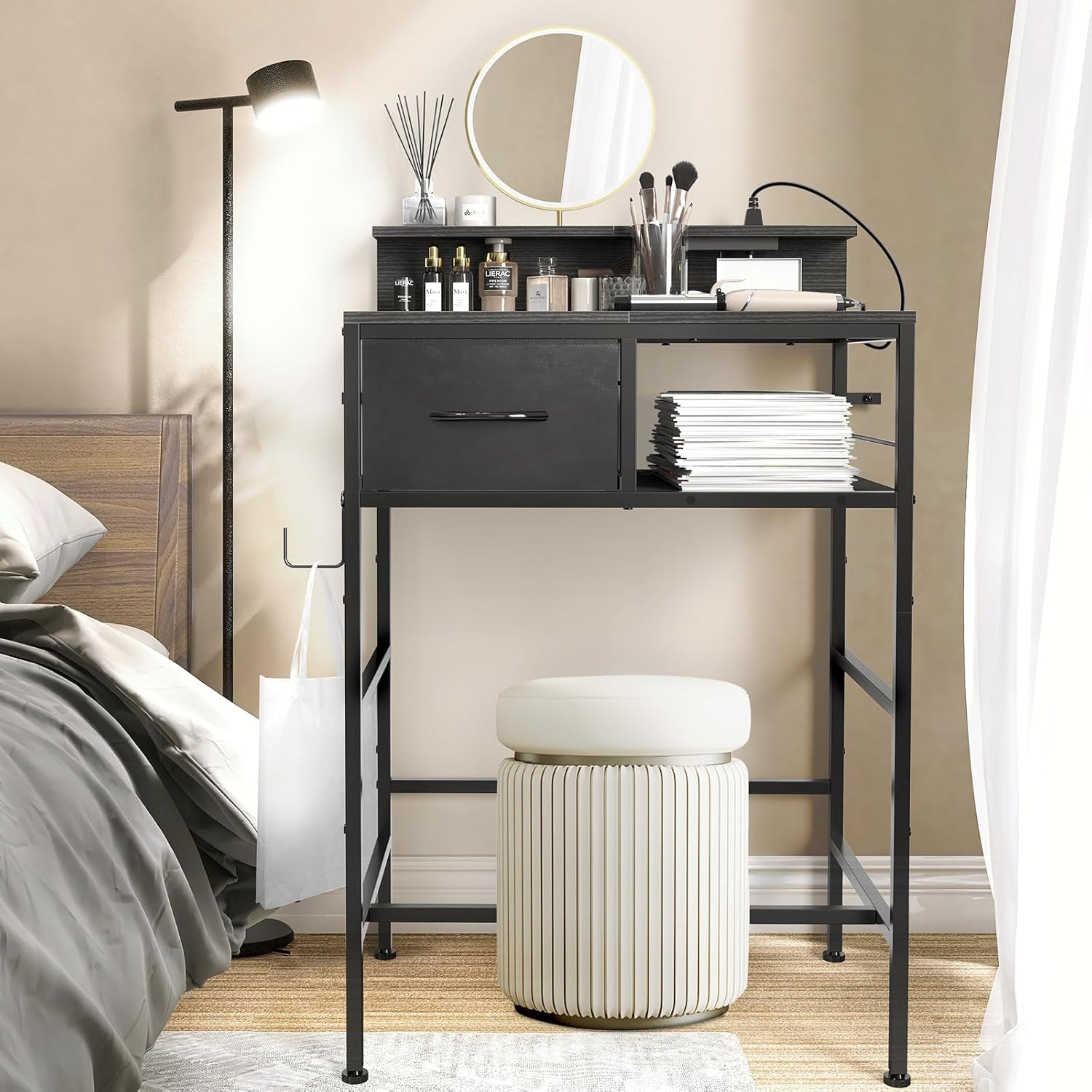 LIANTRAL Makeup Vanity Desk Without Mirror, Small Vanity Table with Fabric Drawers and Charging Station for Girls Bedroom, Simple Home Office Computer Desk for Small Spaces, Black