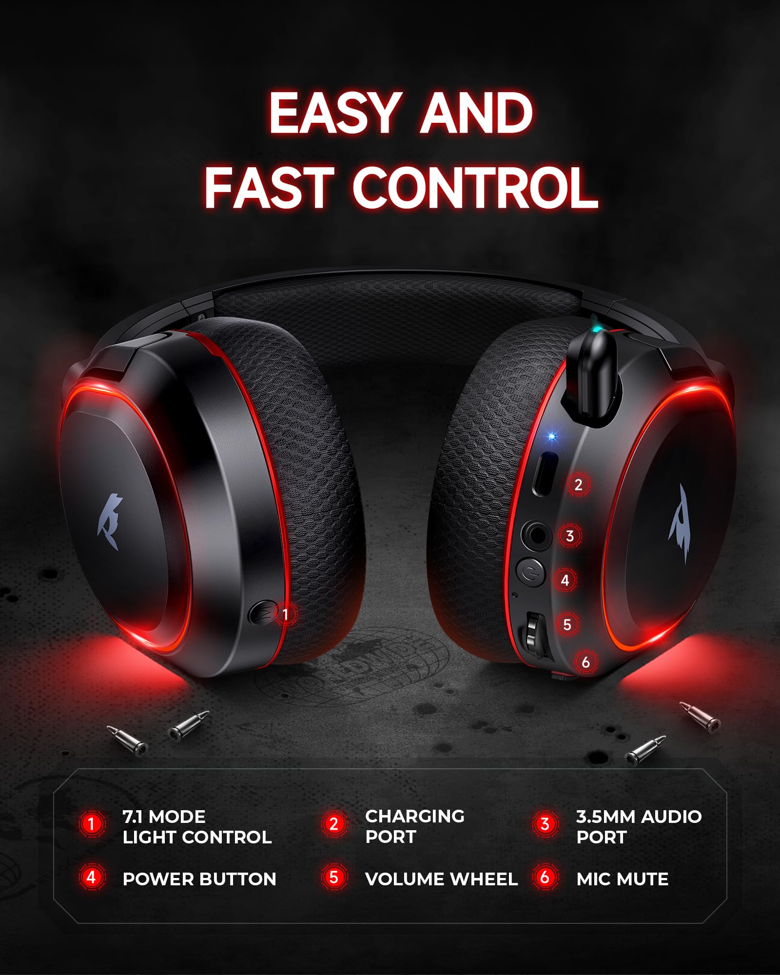 Picun Auriculares inalámbricos G2 para juegos, sonido envolvente virtual 7.1, 2.4 GHz/Bluetooth 5.4/cableado, latencia ultra baja de 5 ms, batería de 100 horas, micrófono ENC con cancelación de ruido