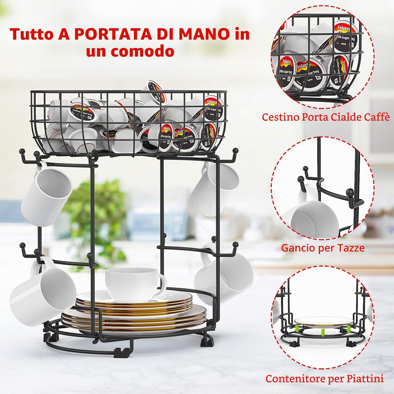 Bomclap Porta tazze in piedi in metallo per tazze da caffè e bicchieri, accessori da bar da caffè, accessori e organizzazione da cucina, 12 ganci (nero1)