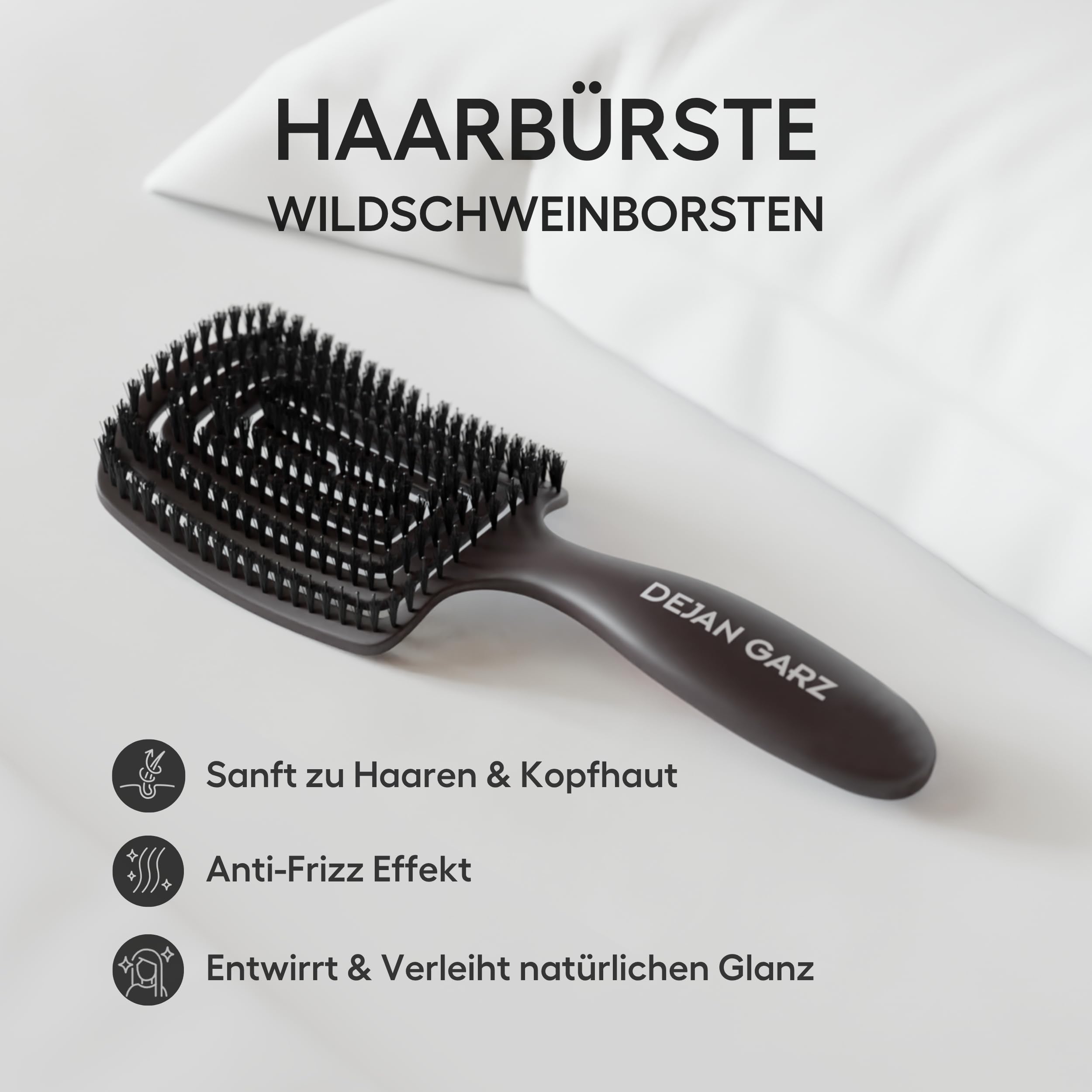 Dejan Garz Bürste mit Wildschweinborsten Schwarz (1 Stk) – Haarbürste ohne Ziepen für feines & mittleres Haar – Hair Brush für Glanz & Geschmeidigkeit inkl. Reinigungsbürste - 4