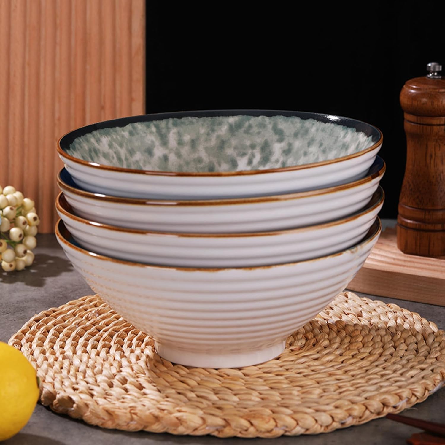 Bols à ramen en céramique Set de 2,Ramen Bol,1200 ml Bols à ramen Japonais,bol en céramique pour Ramen, salade, céréales,avec baguettes et cuillères